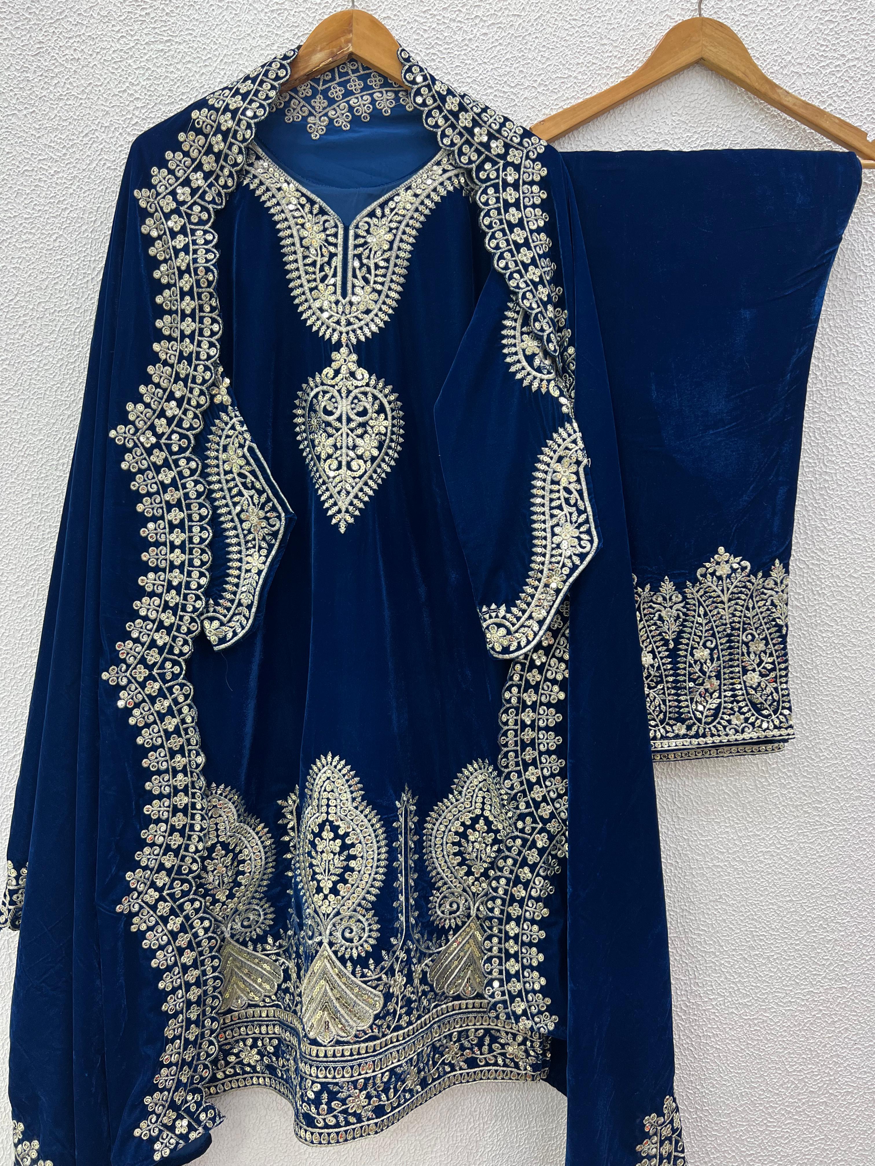Party Wear Blue Color Heavy Viscose Velvet With Heavy Embroidery Sequence Work Salwar Suit