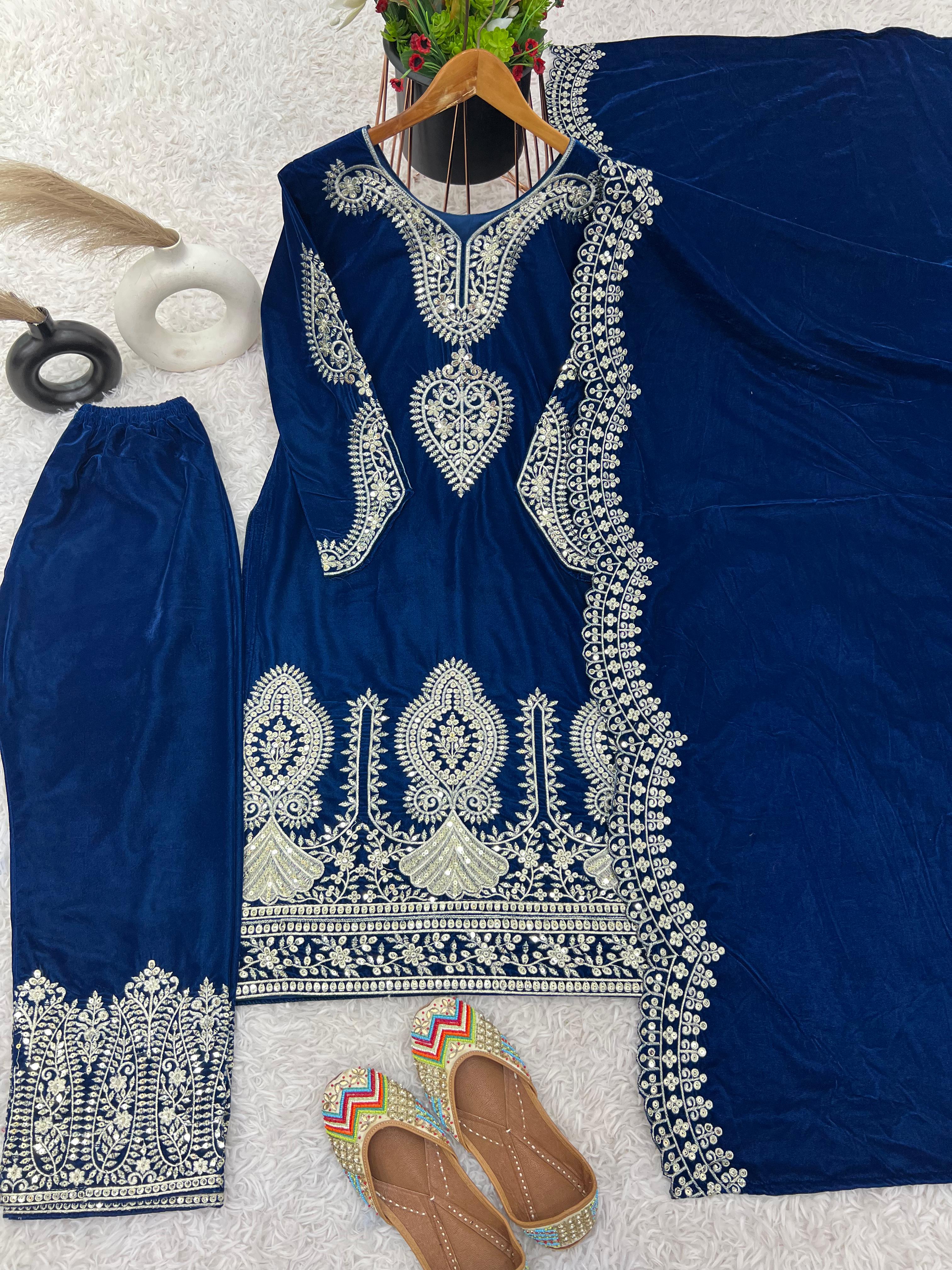 Party Wear Blue Color Heavy Viscose Velvet With Heavy Embroidery Sequence Work Salwar Suit