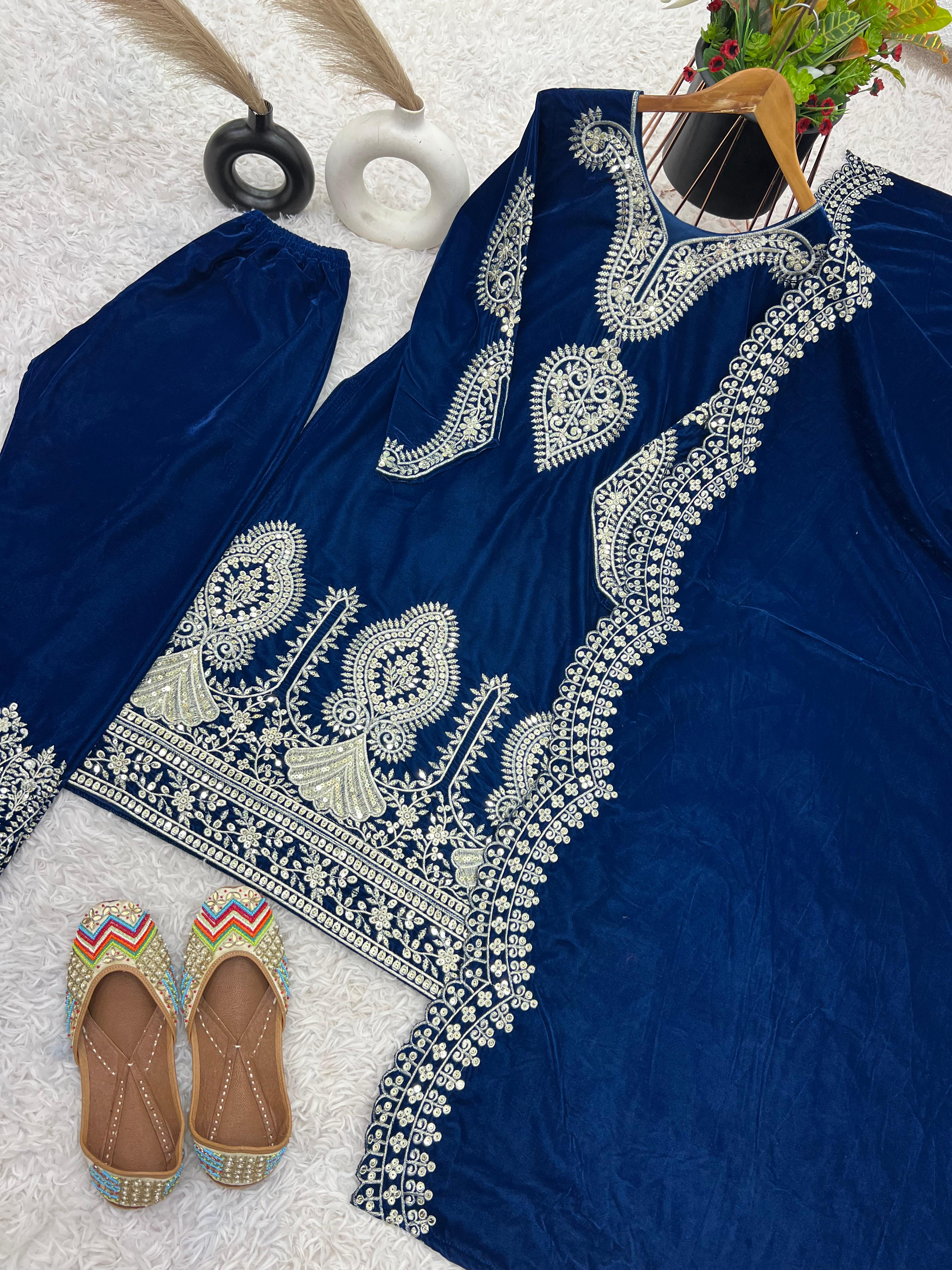 Party Wear Blue Color Heavy Viscose Velvet With Heavy Embroidery Sequence Work Salwar Suit