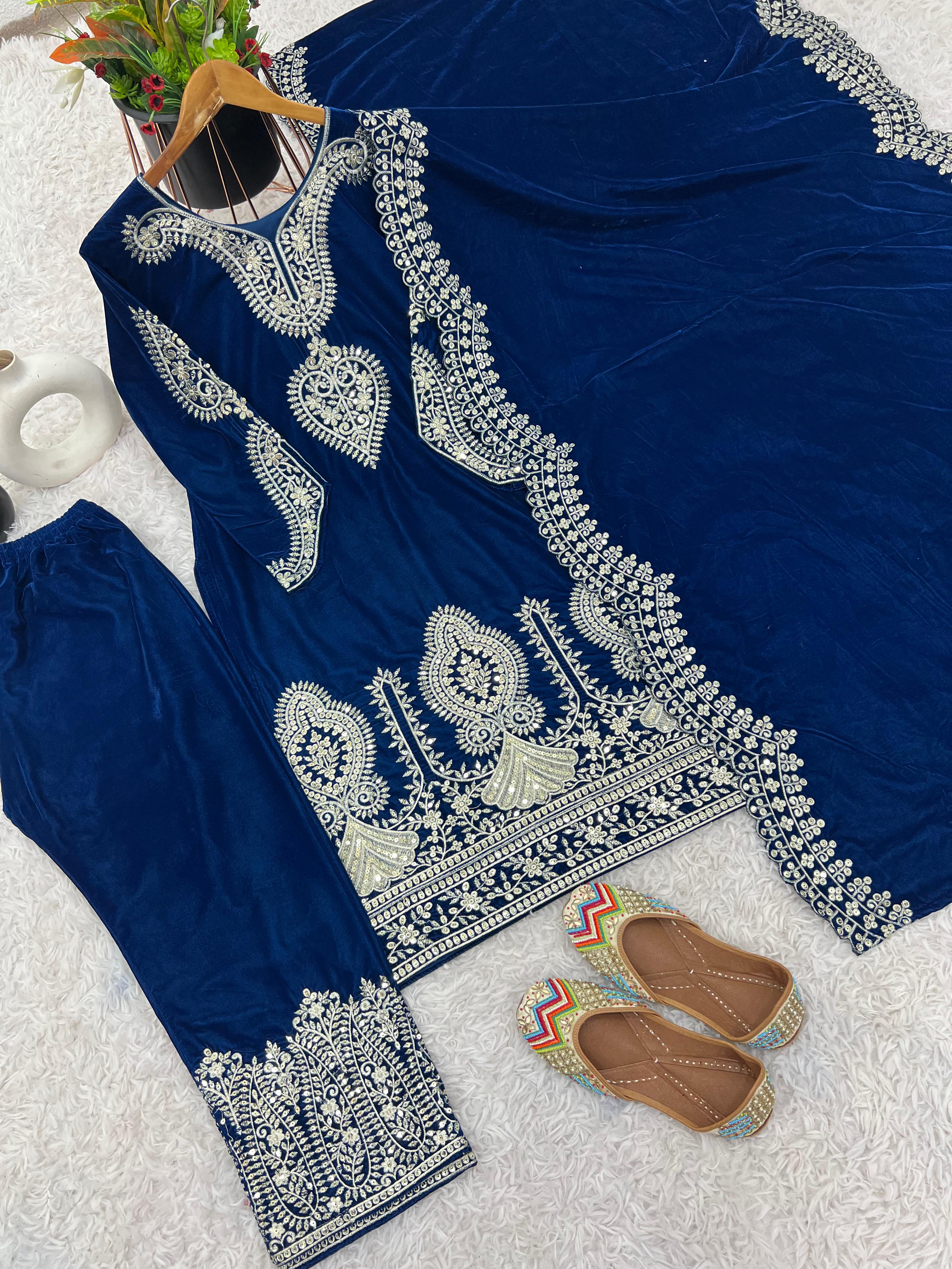 Party Wear Blue Color Heavy Viscose Velvet With Heavy Embroidery Sequence Work Salwar Suit