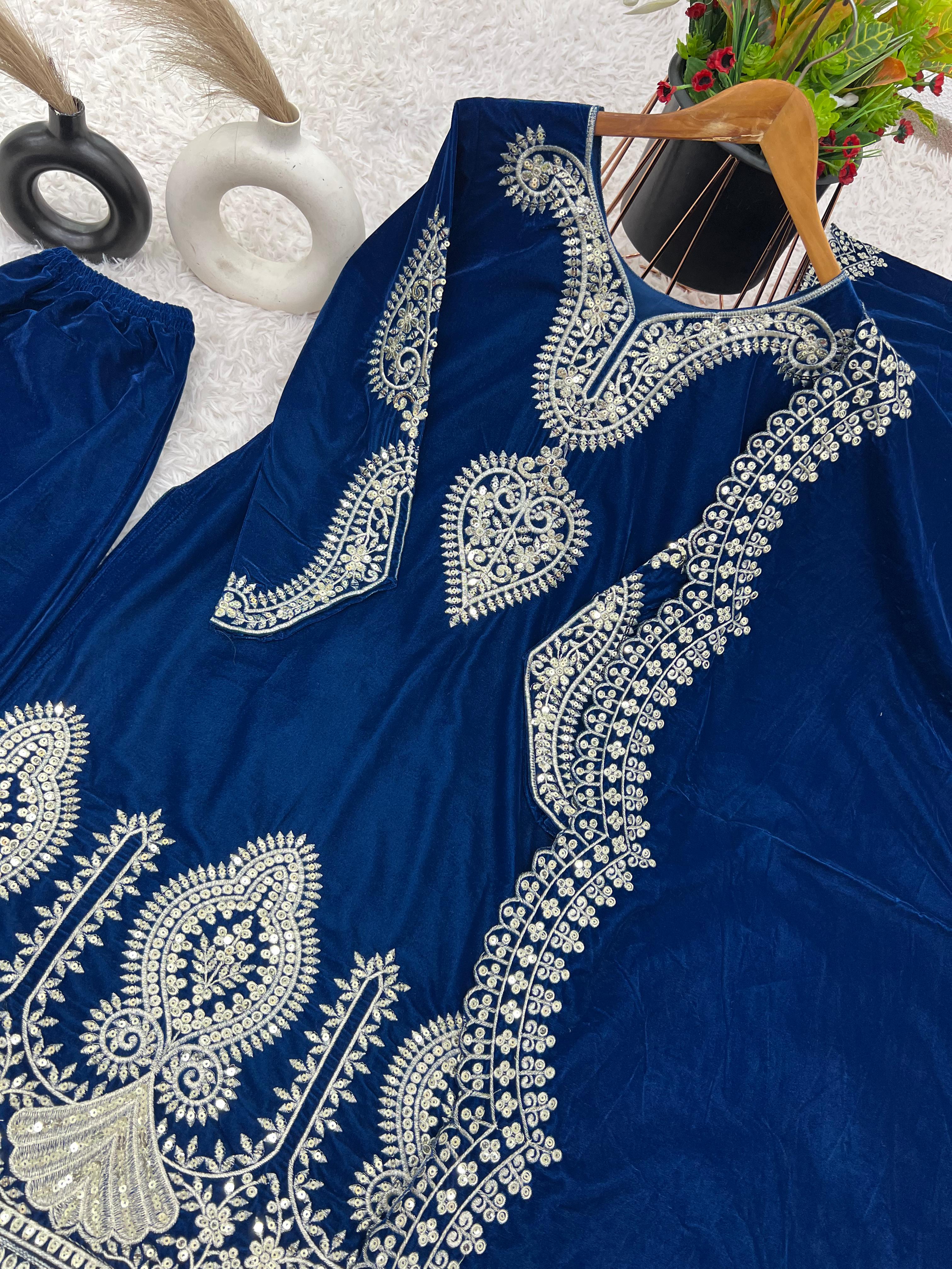 Party Wear Blue Color Heavy Viscose Velvet With Heavy Embroidery Sequence Work Salwar Suit