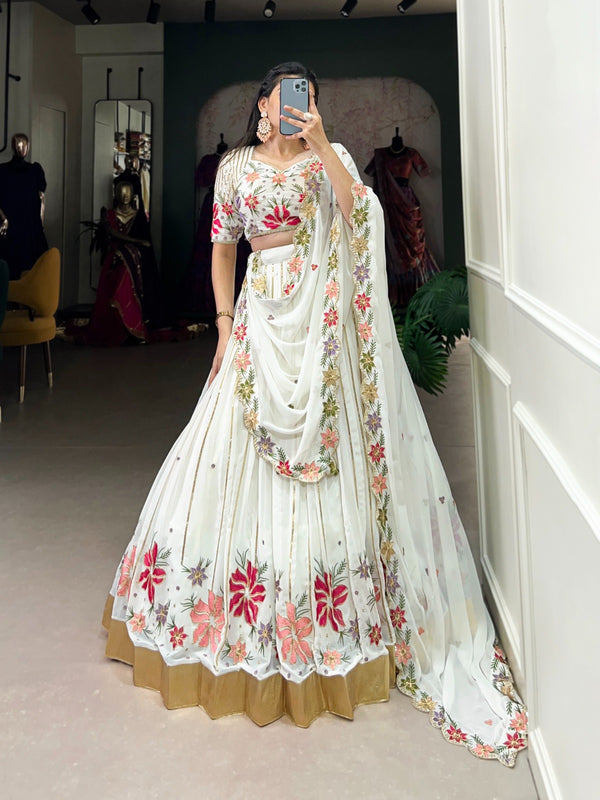 Marriage Special White Color Georgette Sequins And Thread Embroidery Work With Embossed Design Lace Designer Lehenga Choli
