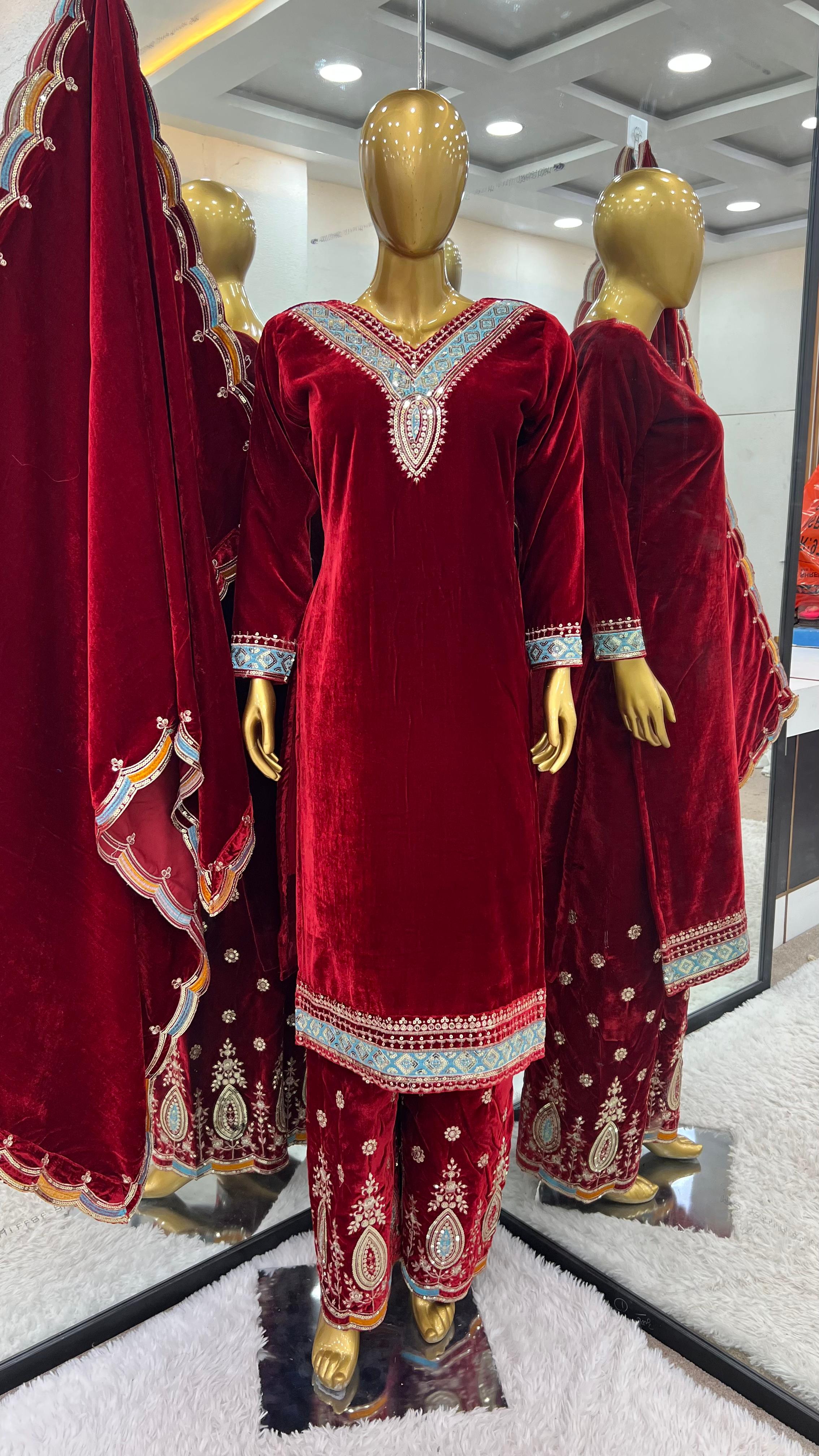 Ceremony Wear Maroon Color Heavy Viscose Velvet With Heavy Embroidery Sequence Work Salwar Suit