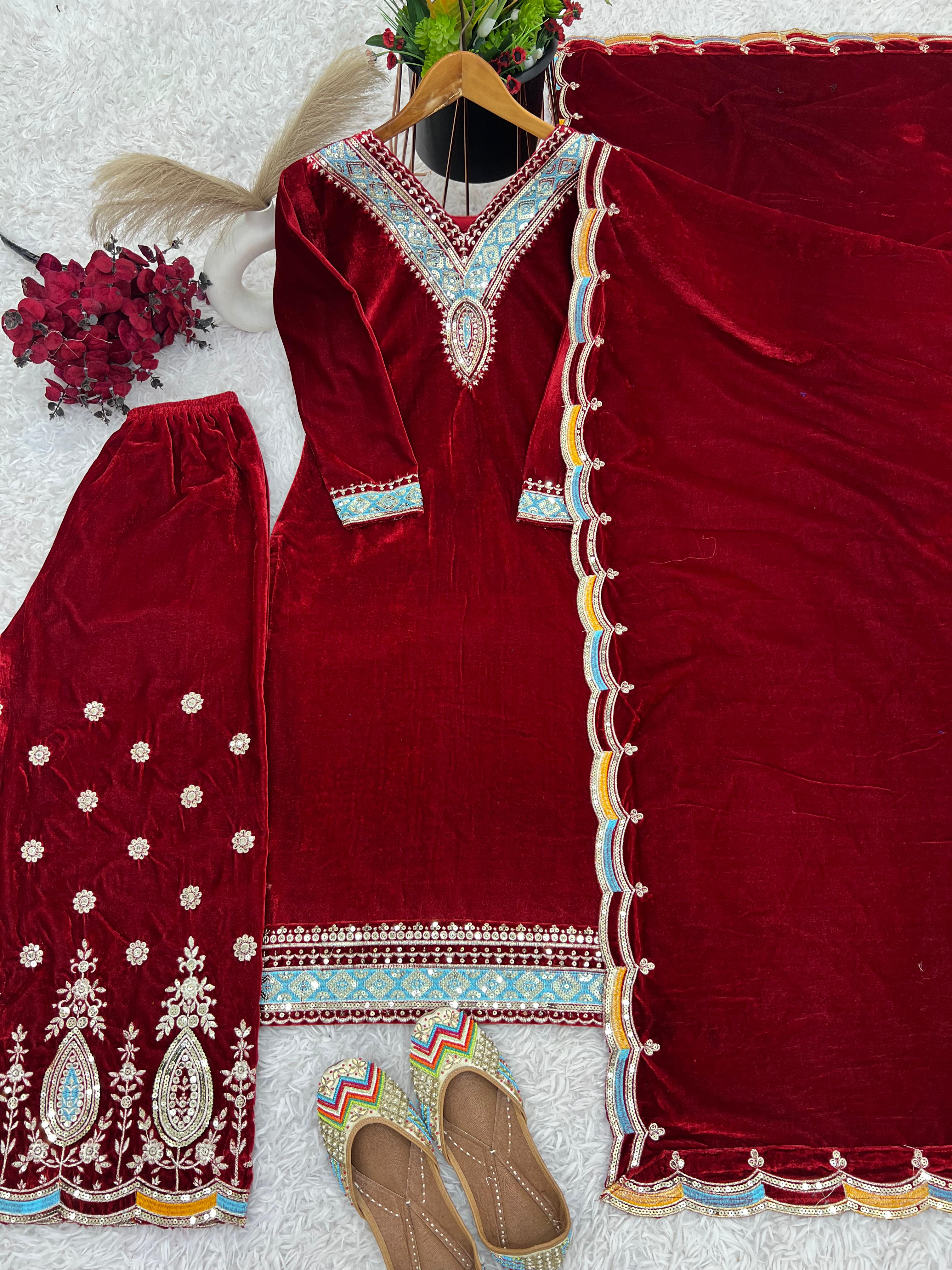 Ceremony Wear Maroon Color Heavy Viscose Velvet With Heavy Embroidery Sequence Work Salwar Suit