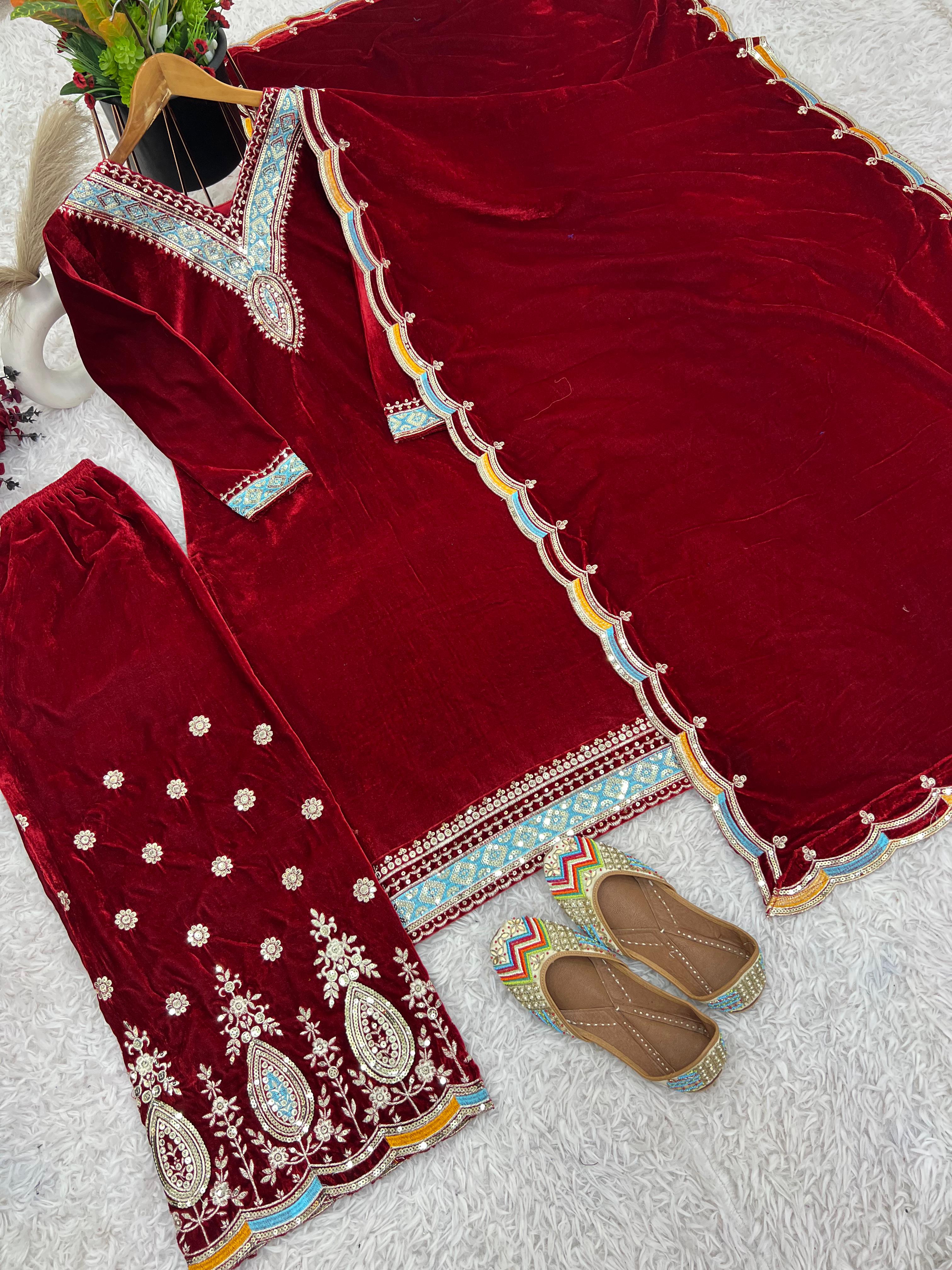 Ceremony Wear Maroon Color Heavy Viscose Velvet With Heavy Embroidery Sequence Work Salwar Suit