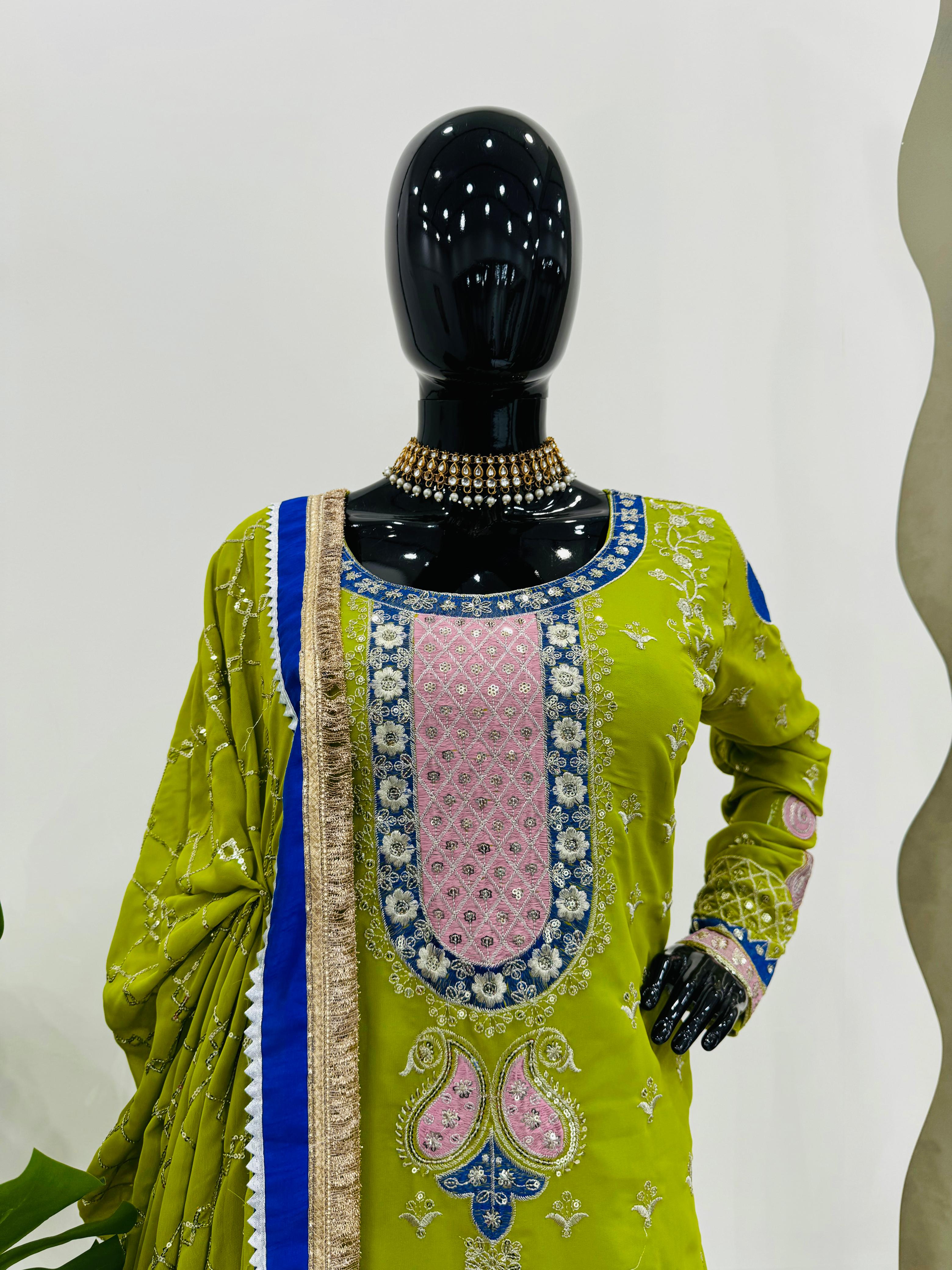 Wedding Wear Parrot Green Faux Georgette Thread With Sequence Work Sharara Suit