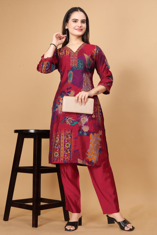 Casual Wear Rose Pink Color Modal Viscose Silk With Handwork And Hemline Work Co-ord Set