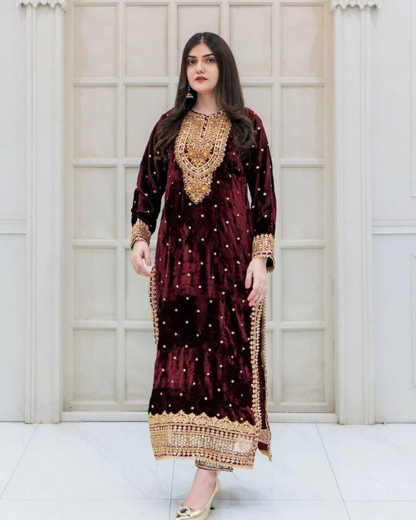 Party Wear Maroon Color Velvet With Embroidery Sequence Designer Salwar Suit