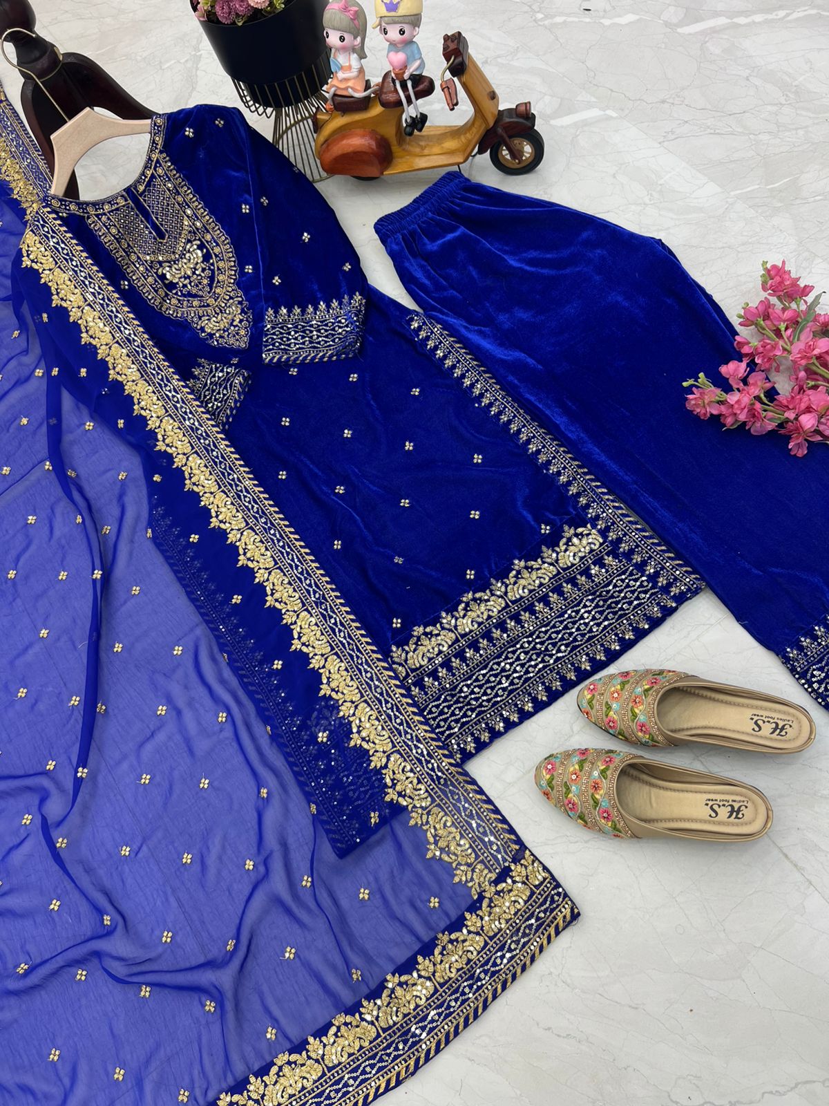 Party Wear Blue Color Velvet With Embroidery Sequence Designer Salwar Suit