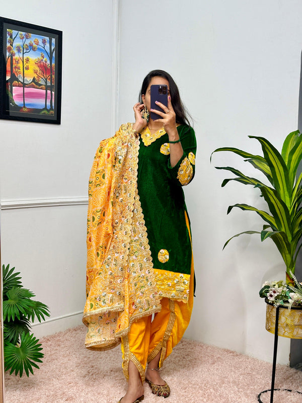 Stunning Green And Yellow Color 9000 Velvet Fabric With Embroidered Work Patiyala Suit