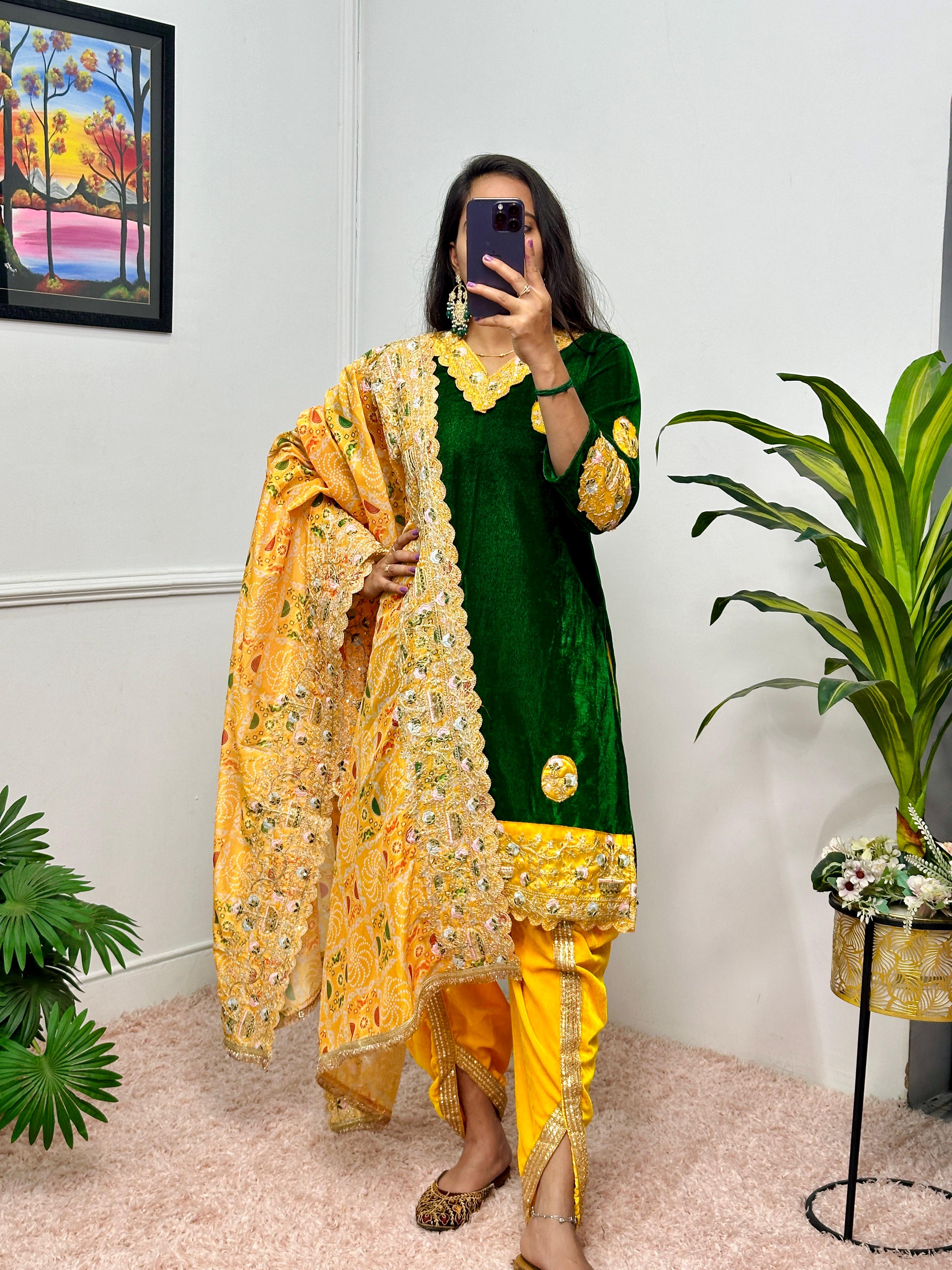 Stunning Green And Yellow Color 9000 Velvet Fabric With Embroidered Work Patiyala Suit