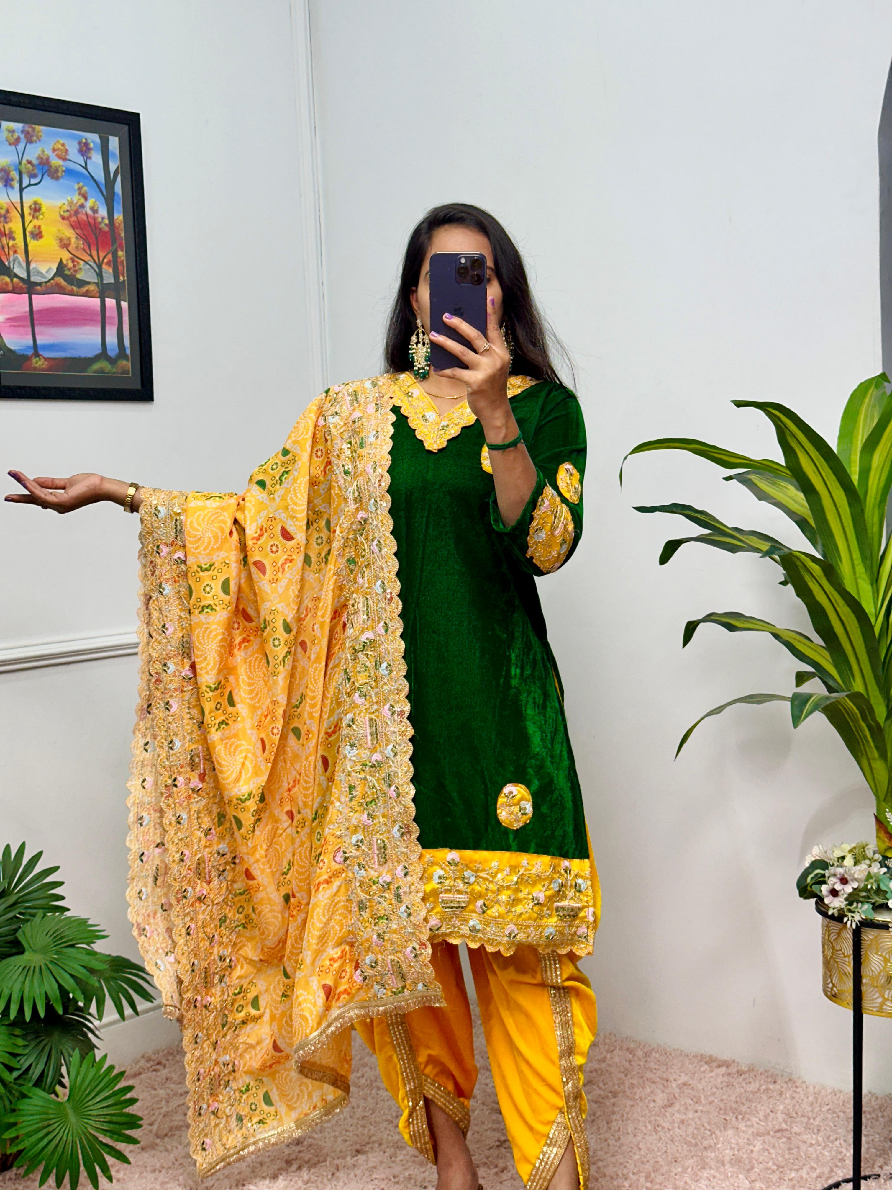 Stunning Green And Yellow Color 9000 Velvet Fabric With Embroidered Work Patiyala Suit