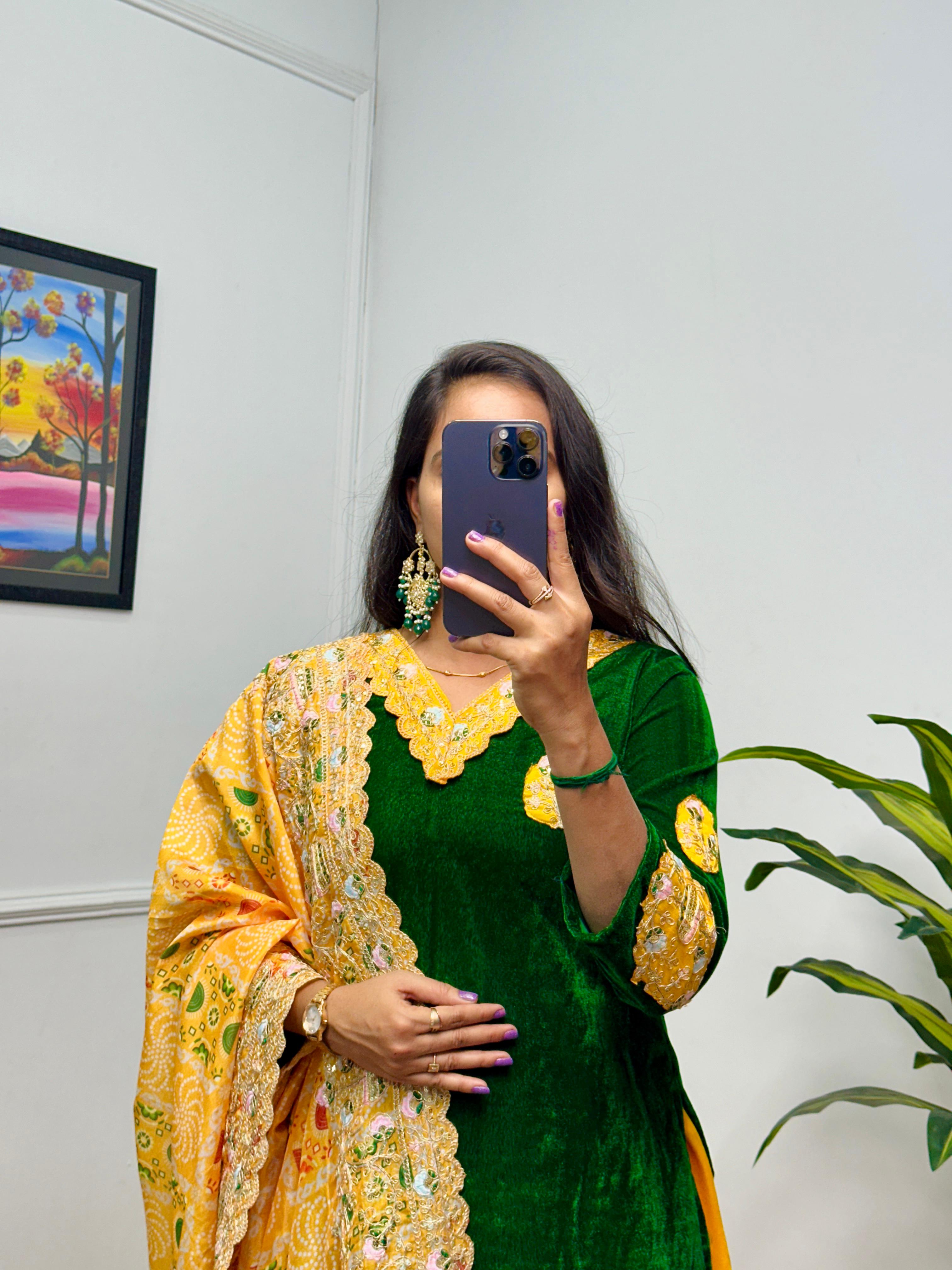 Stunning Green And Yellow Color 9000 Velvet Fabric With Embroidered Work Patiyala Suit