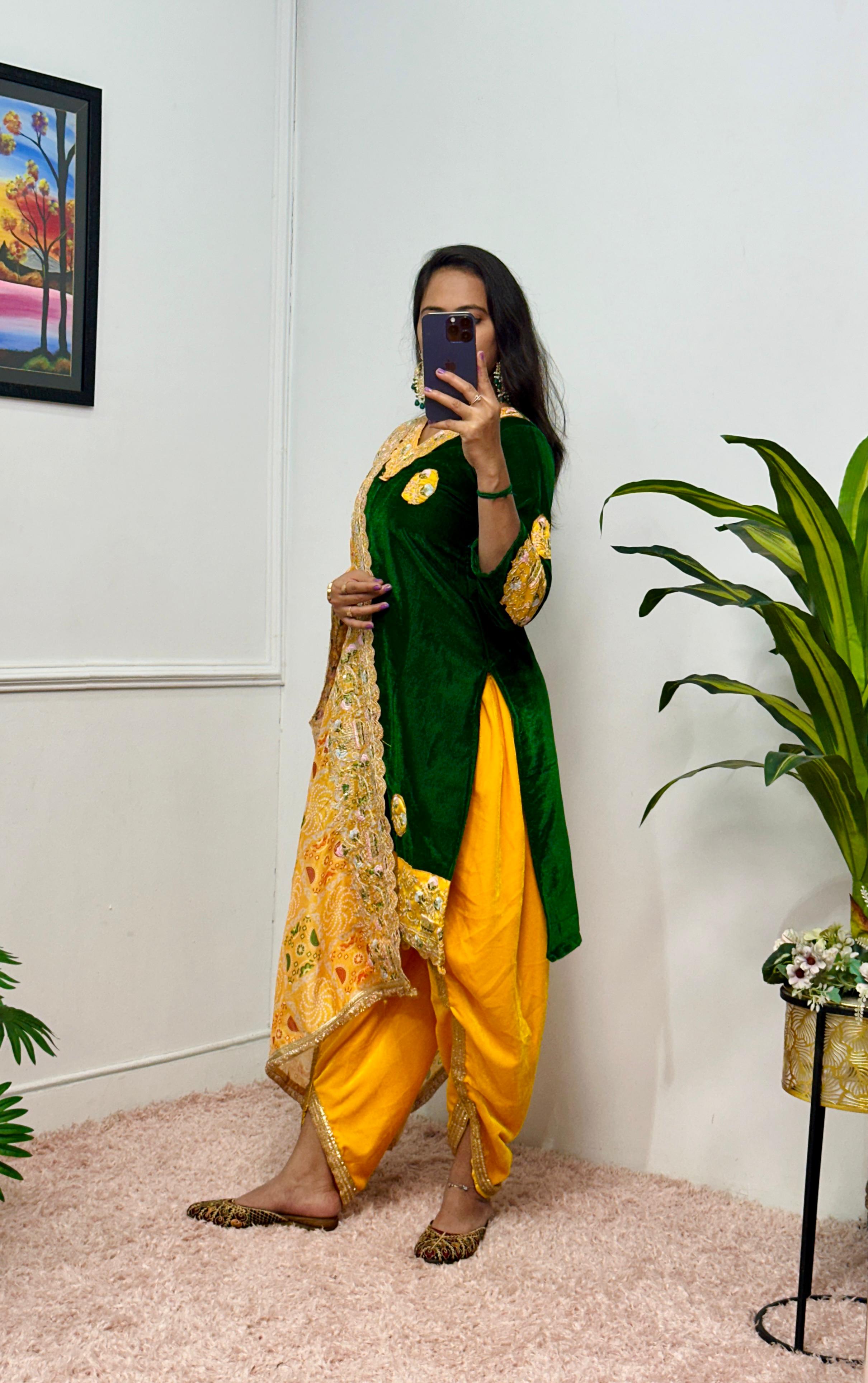 Stunning Green And Yellow Color 9000 Velvet Fabric With Embroidered Work Patiyala Suit