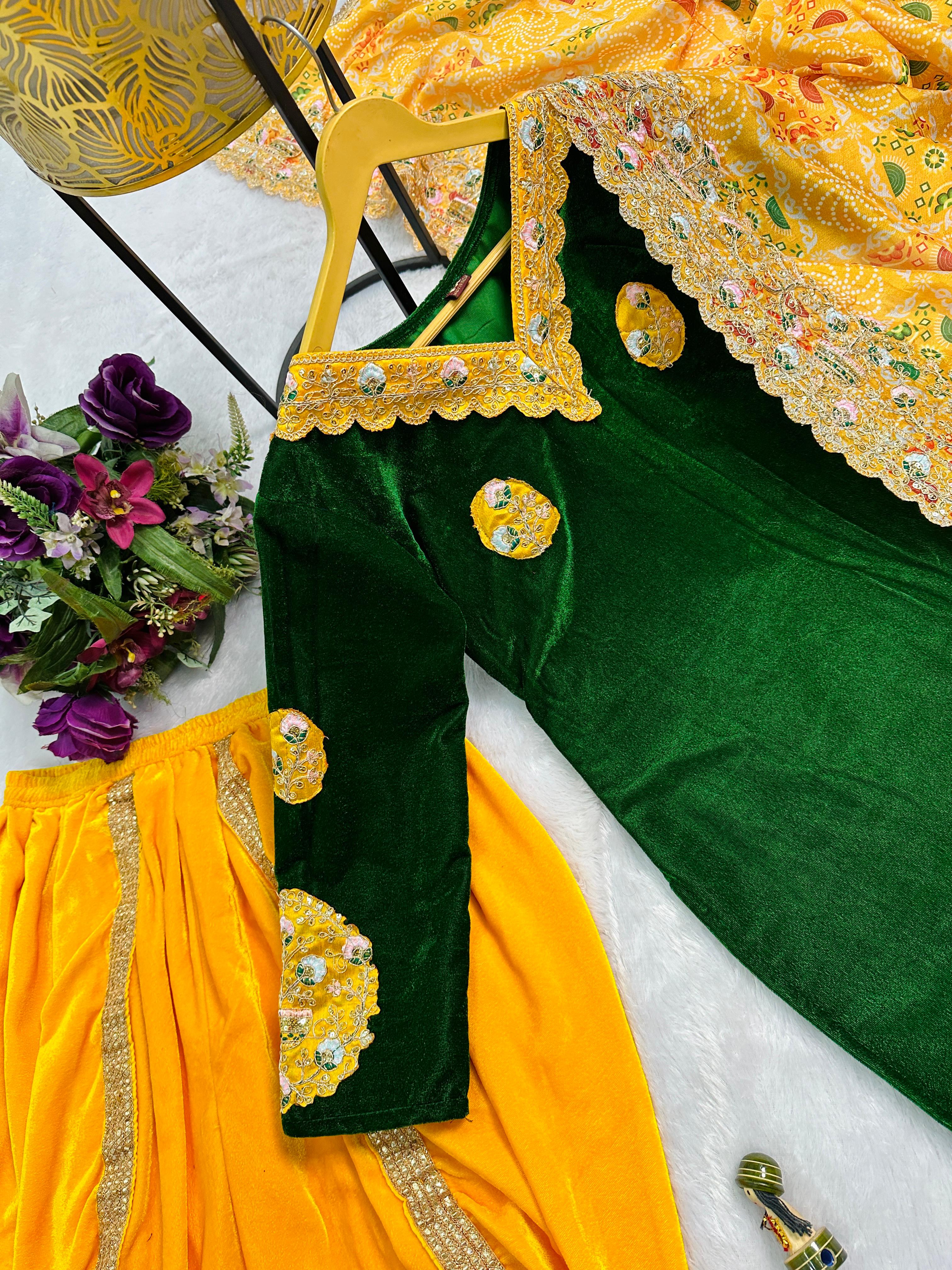 Stunning Green And Yellow Color 9000 Velvet Fabric With Embroidered Work Patiyala Suit