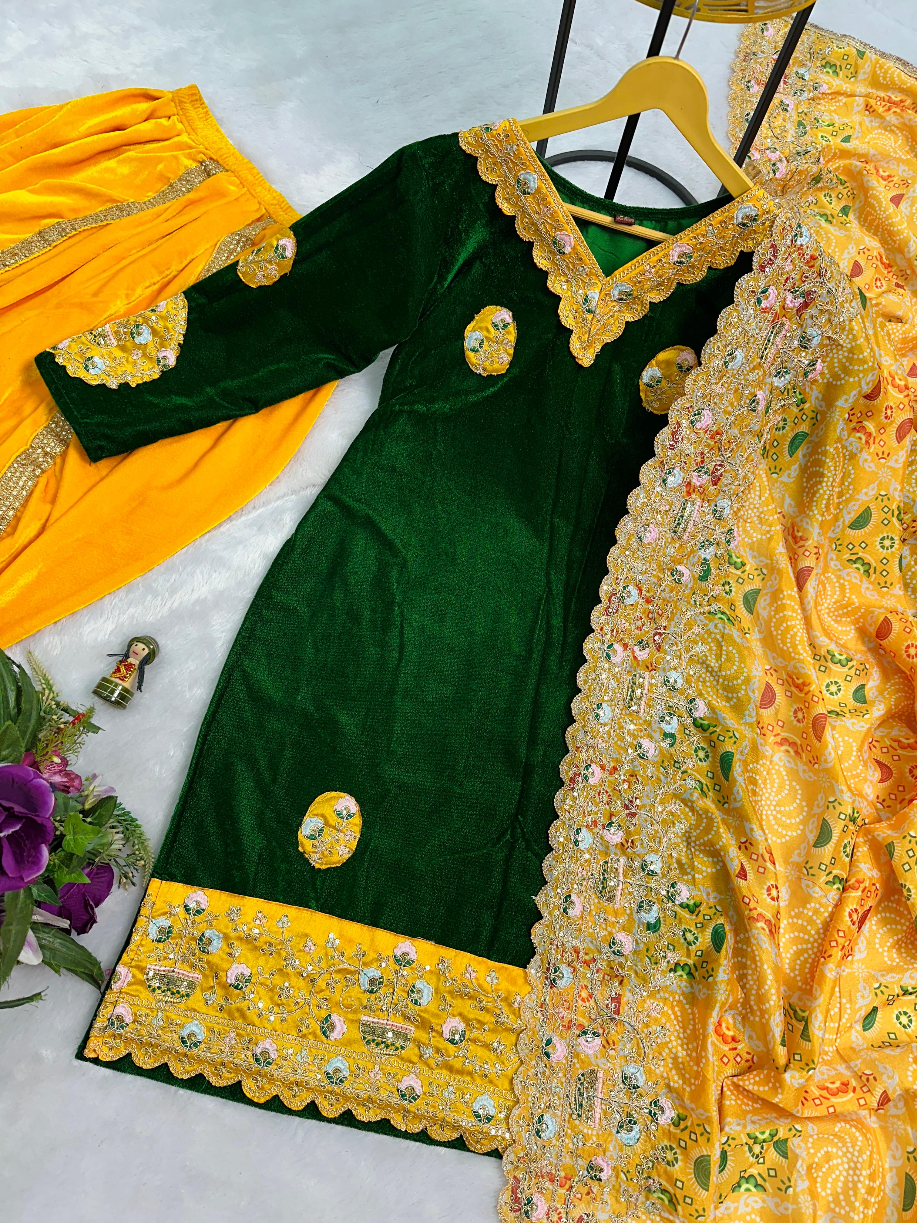 Stunning Green And Yellow Color 9000 Velvet Fabric With Embroidered Work Patiyala Suit