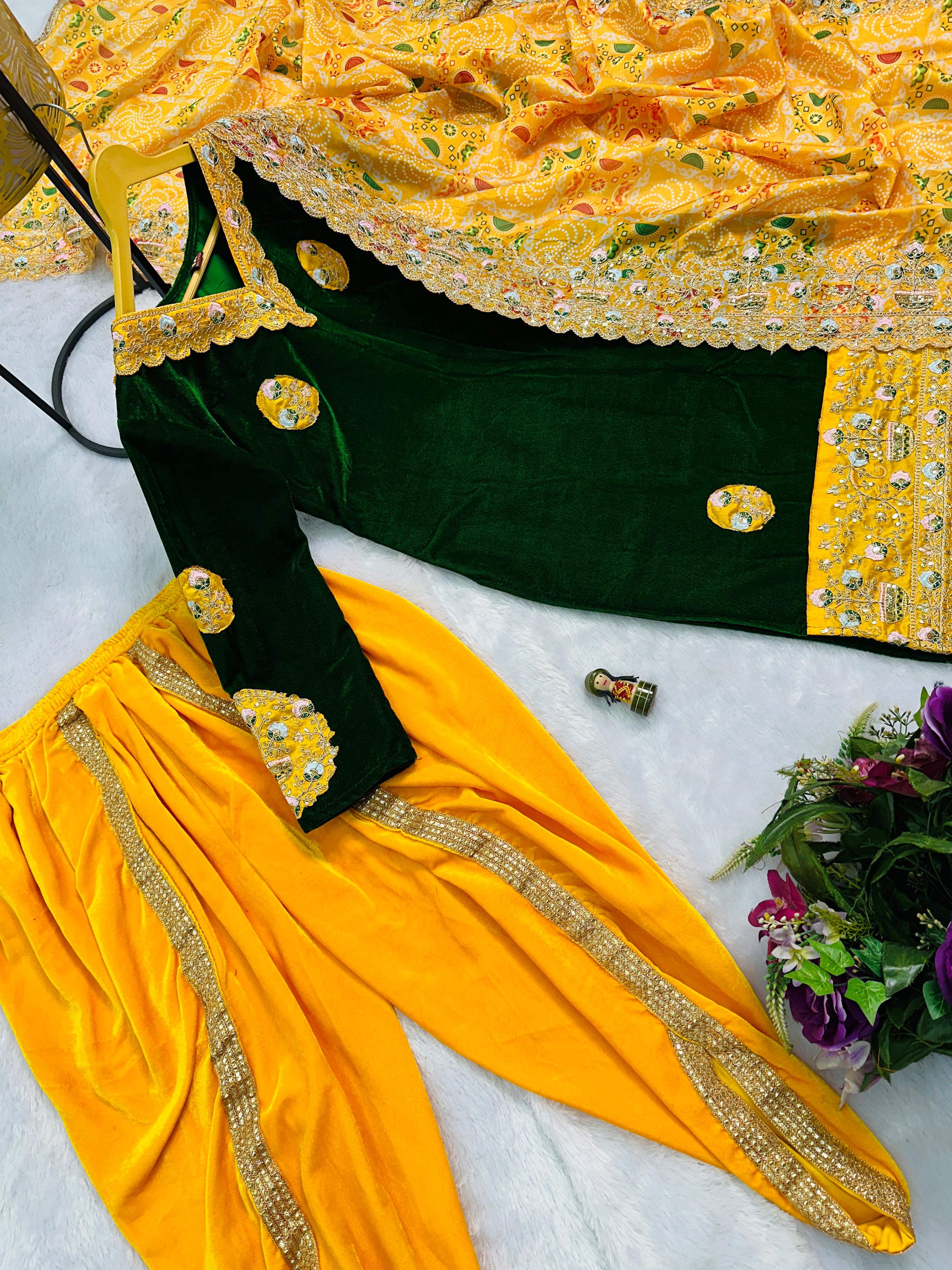 Stunning Green And Yellow Color 9000 Velvet Fabric With Embroidered Work Patiyala Suit