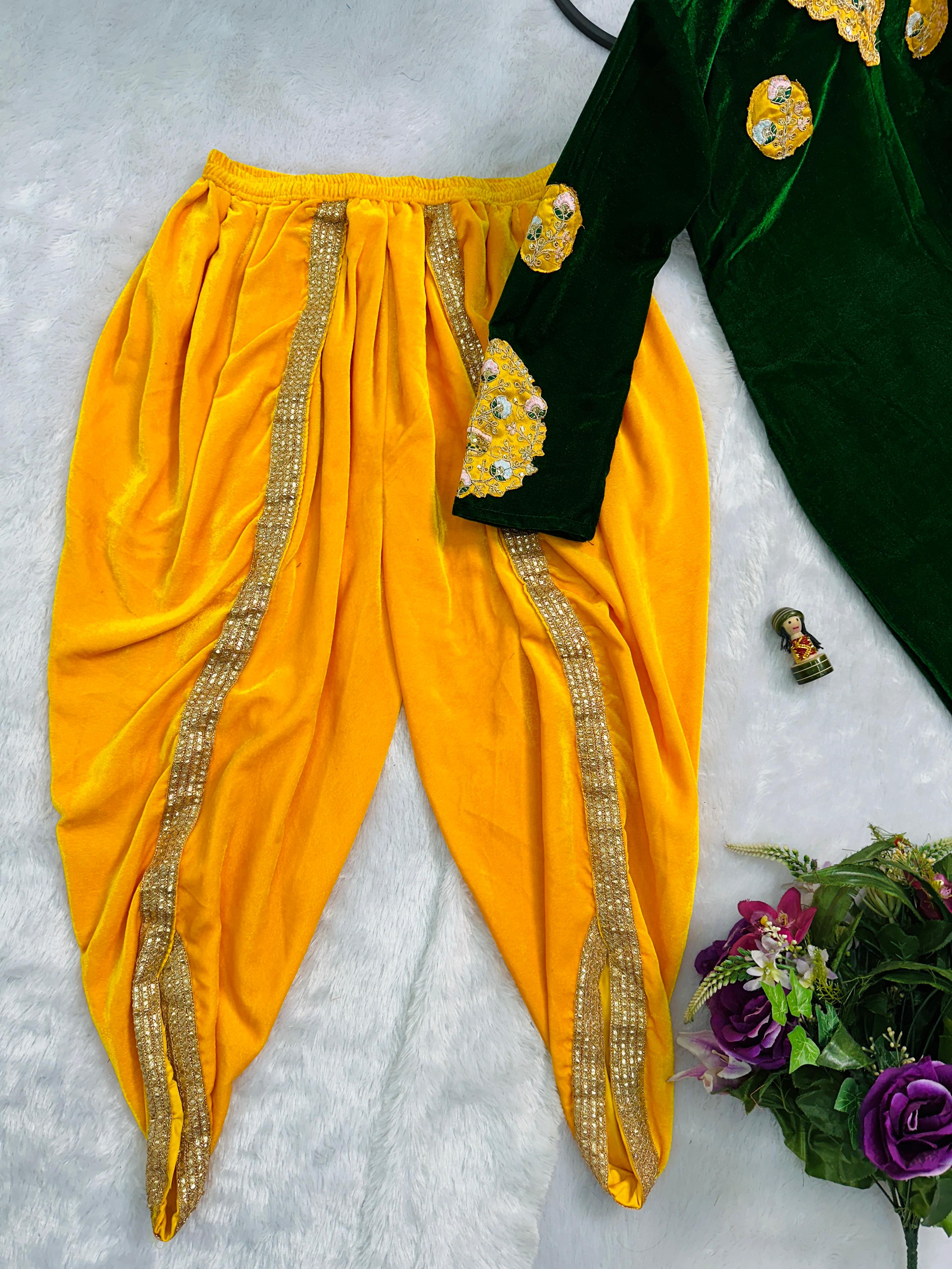 Stunning Green And Yellow Color 9000 Velvet Fabric With Embroidered Work Patiyala Suit