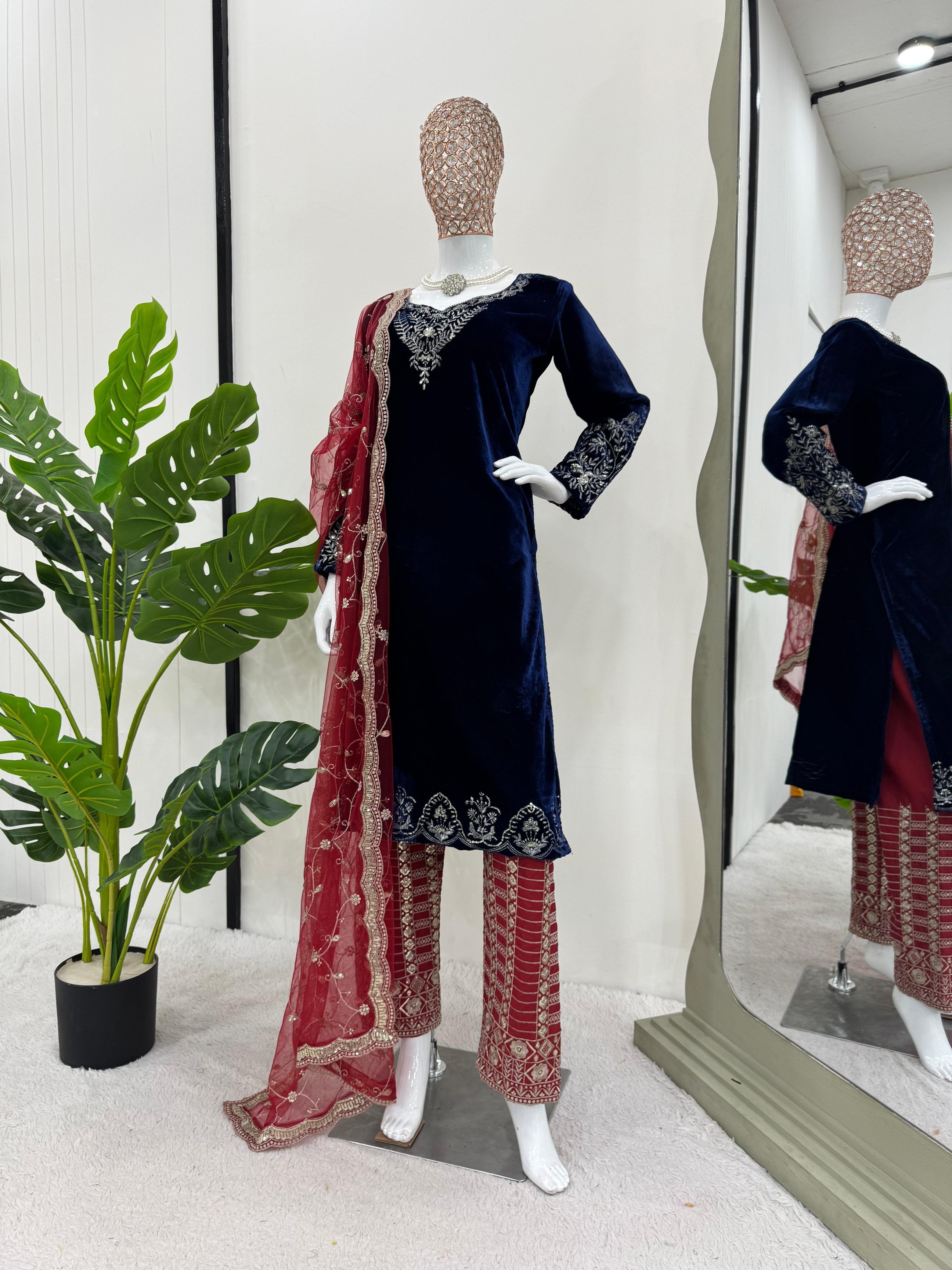 Ceremony Wear Navy Blue Color Viscos Velvet Thread With Sequence Work Salwar Suit