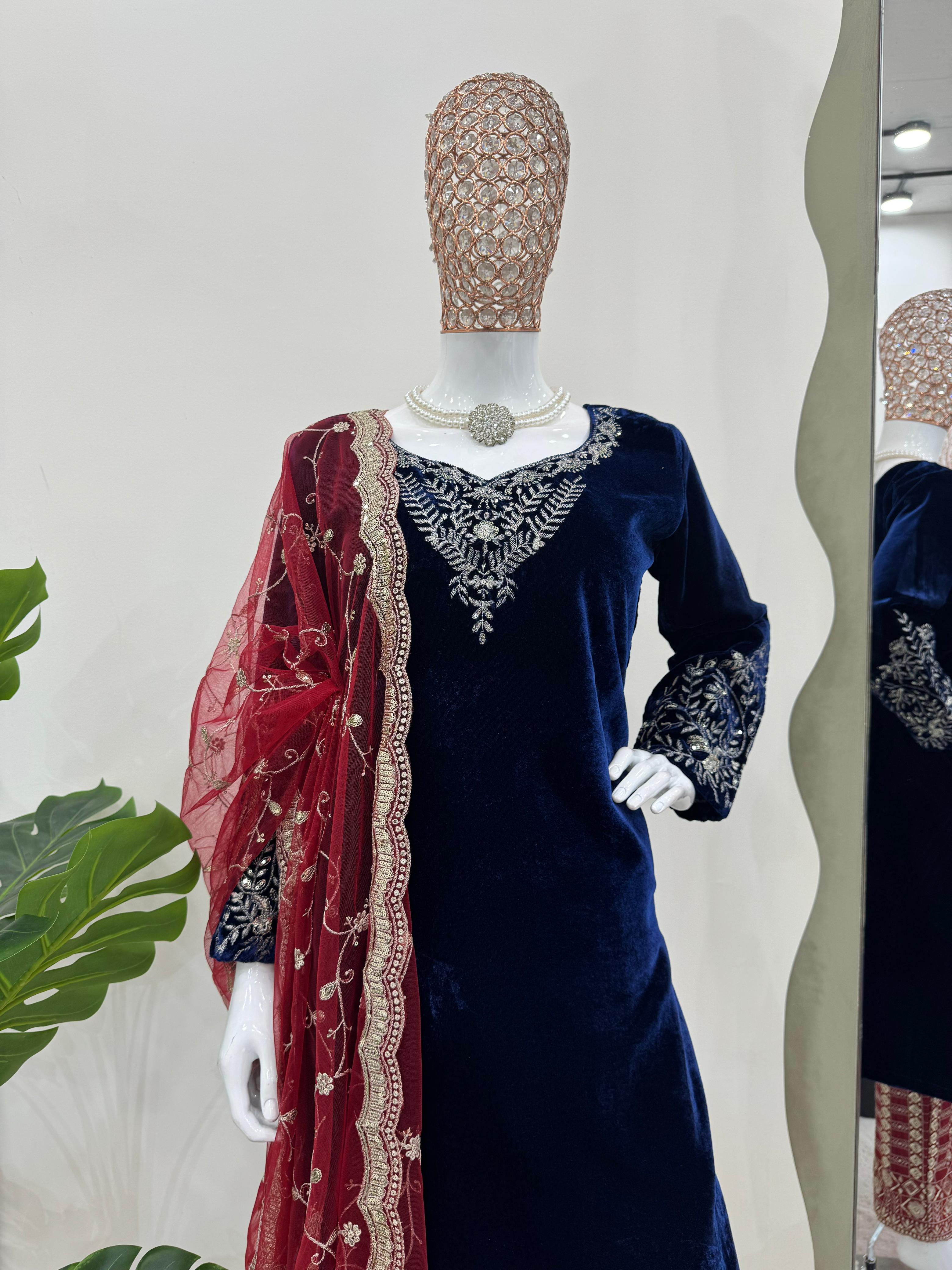 Ceremony Wear Navy Blue Color Viscos Velvet Thread With Sequence Work Salwar Suit