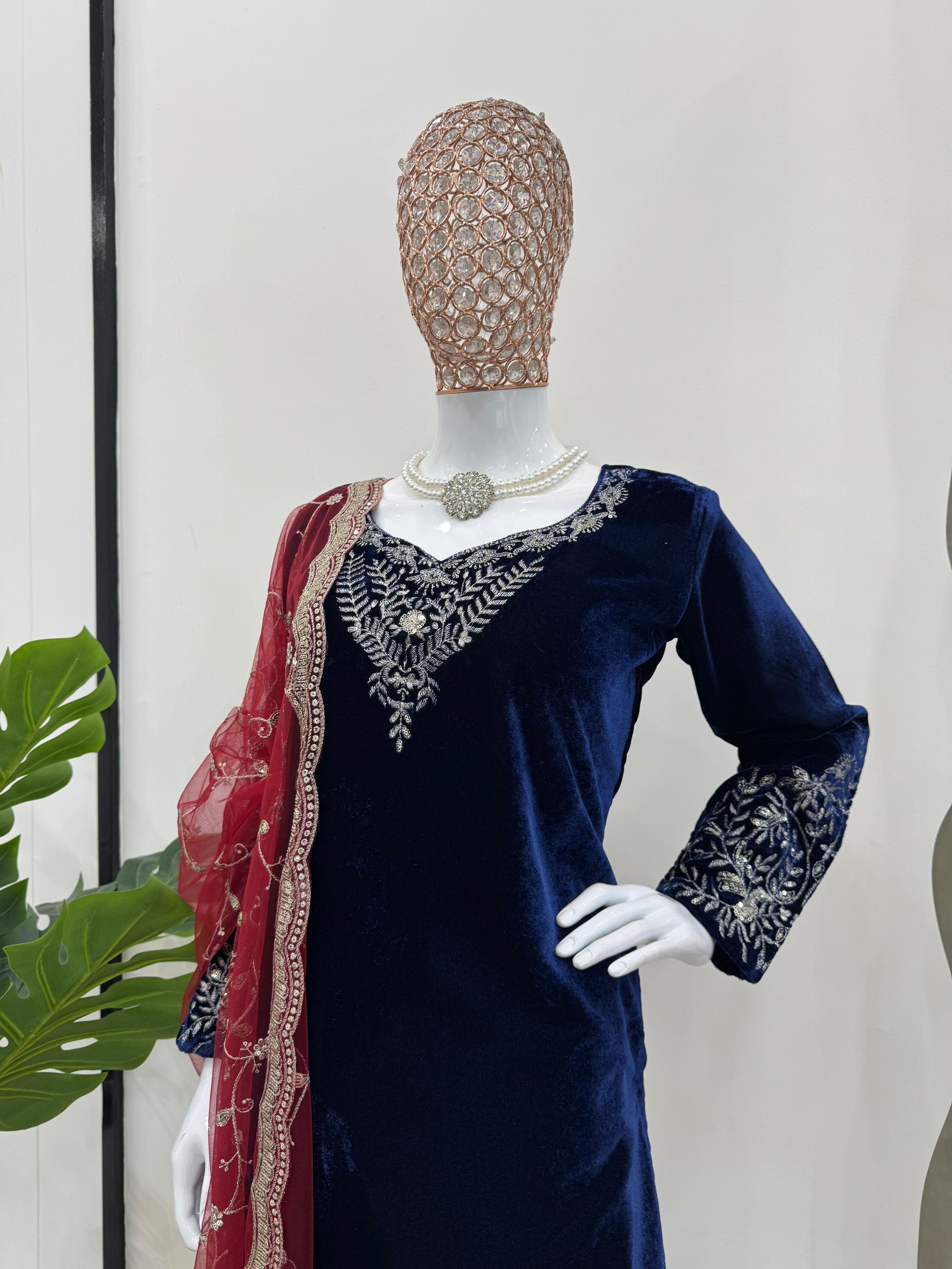 Ceremony Wear Navy Blue Color Viscos Velvet Thread With Sequence Work Salwar Suit