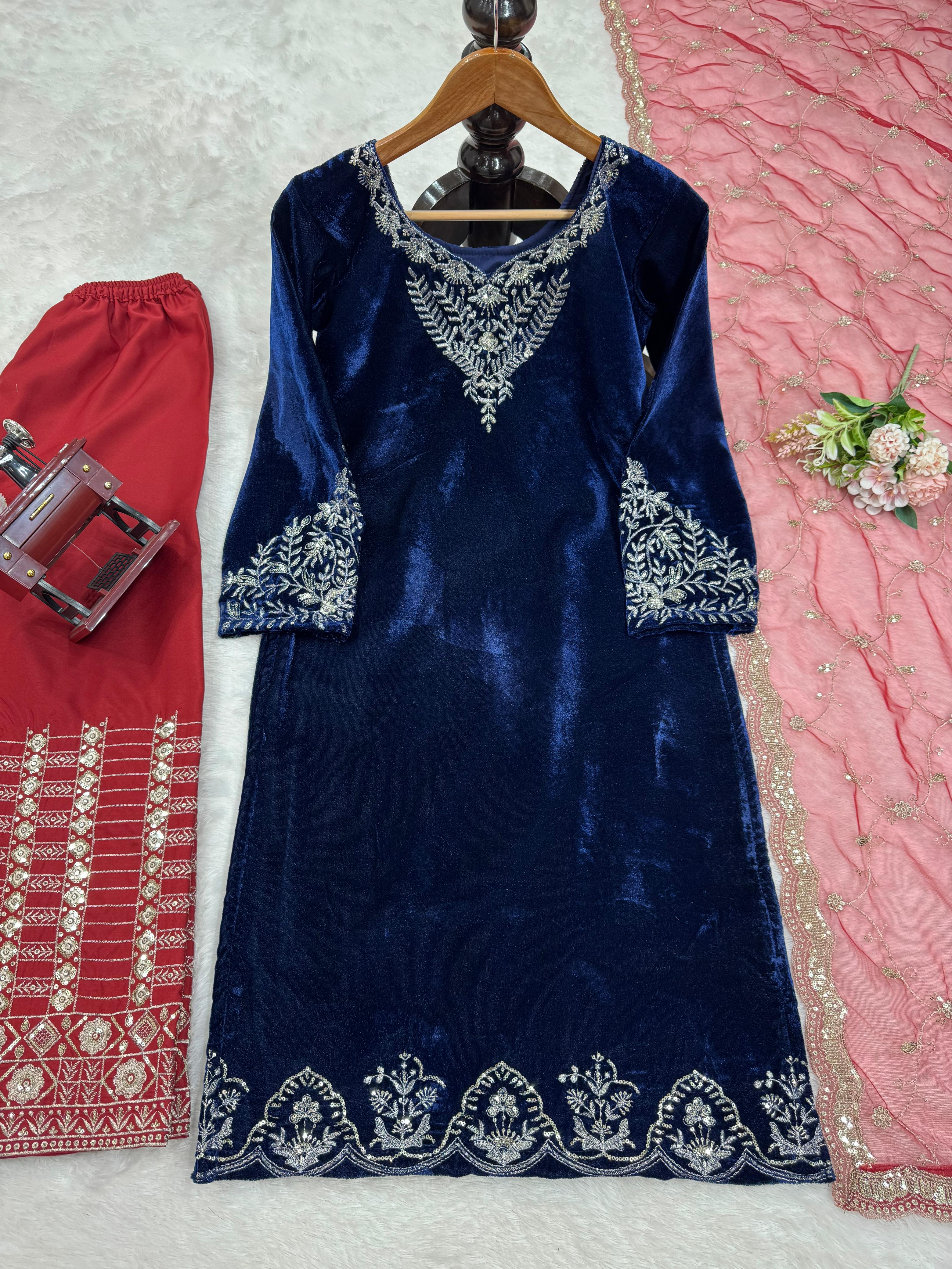 Ceremony Wear Navy Blue Color Viscos Velvet Thread With Sequence Work Salwar Suit