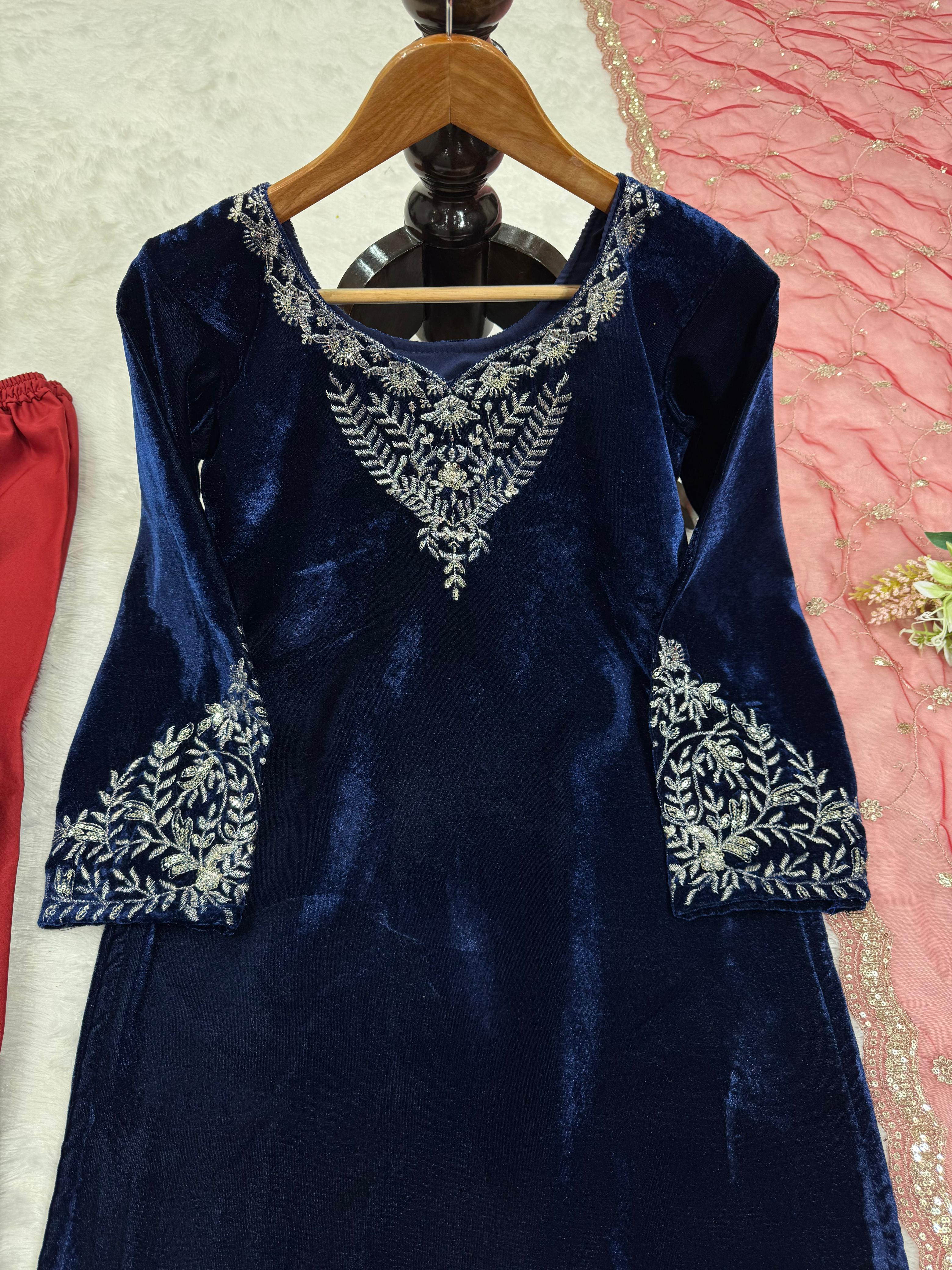 Ceremony Wear Navy Blue Color Viscos Velvet Thread With Sequence Work Salwar Suit