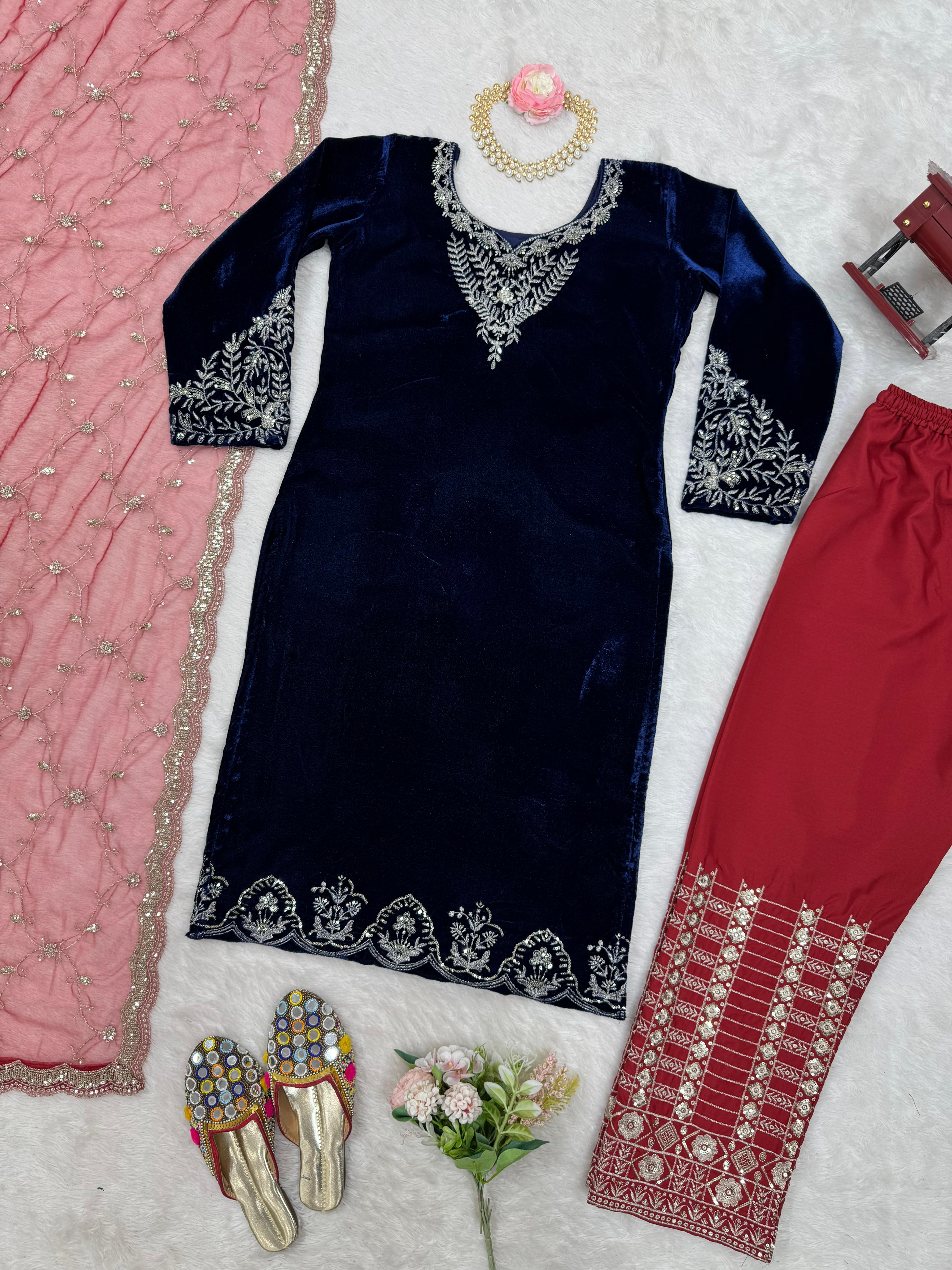 Ceremony Wear Navy Blue Color Viscos Velvet Thread With Sequence Work Salwar Suit