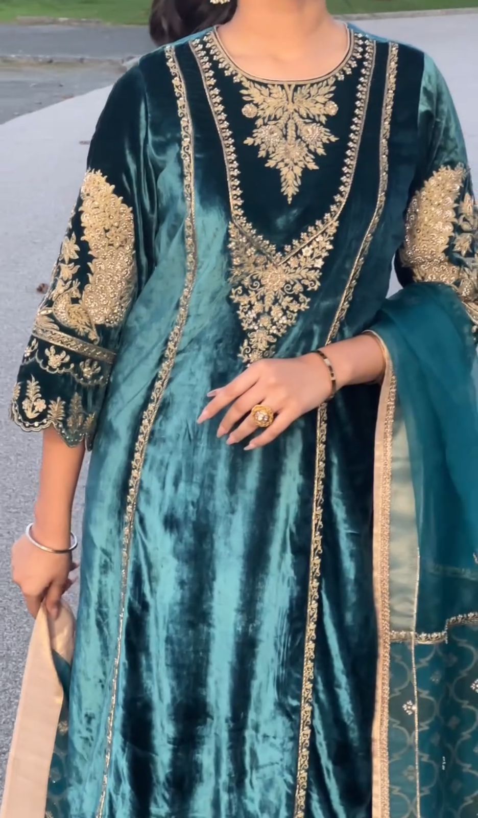 Stunning Teal Green Color Heavy Viscose Velvet With Heavy Embroidery Sequence Work Velvet Suit