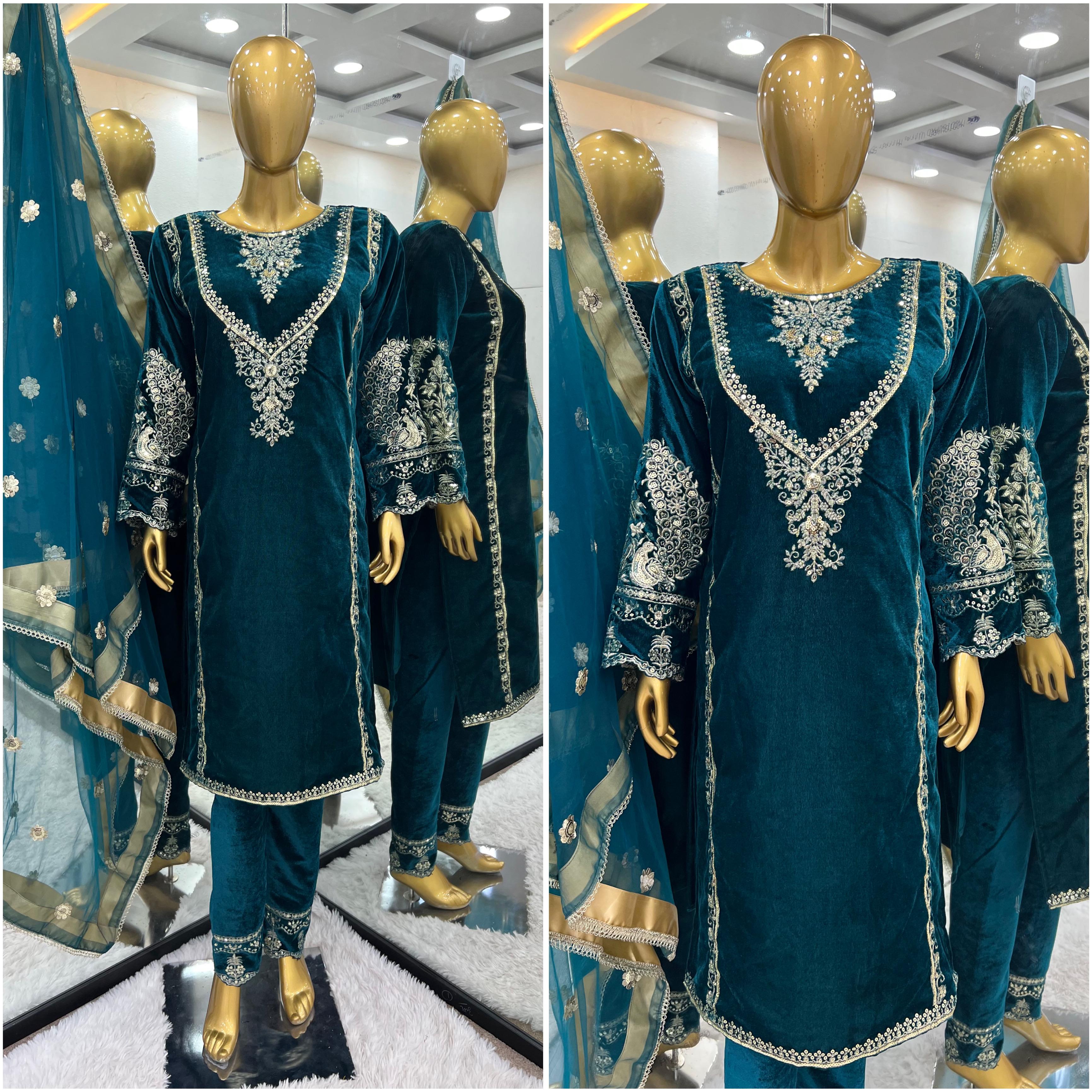 Stunning Teal Green Color Heavy Viscose Velvet With Heavy Embroidery Sequence Work Velvet Suit