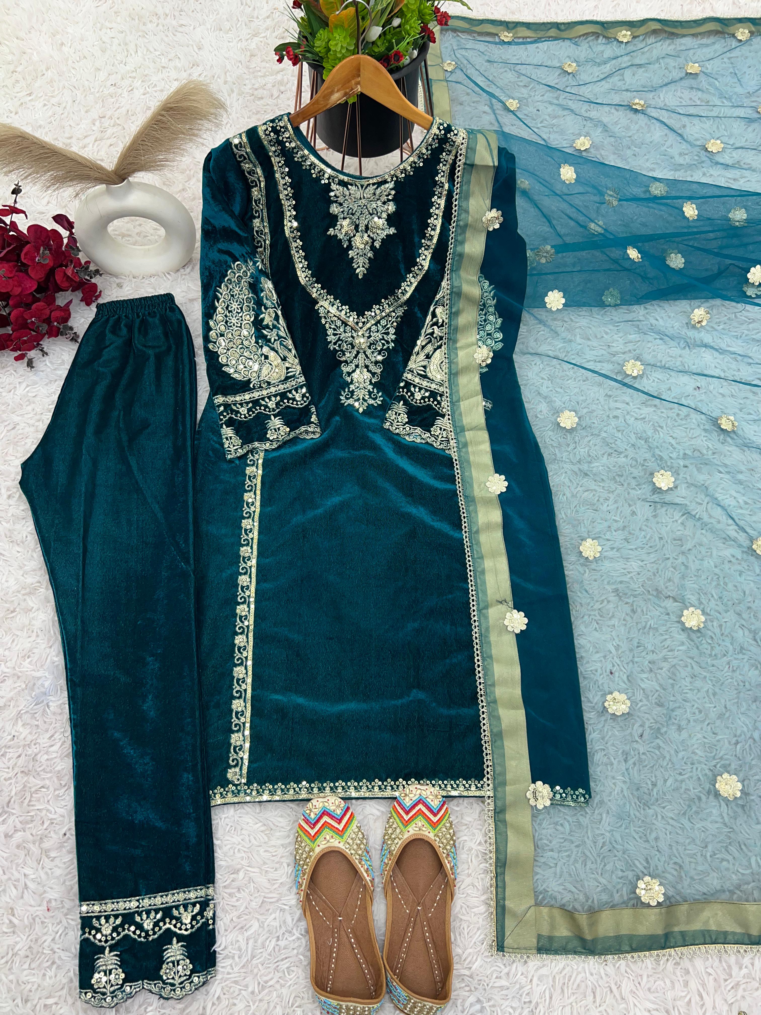 Stunning Teal Green Color Heavy Viscose Velvet With Heavy Embroidery Sequence Work Velvet Suit