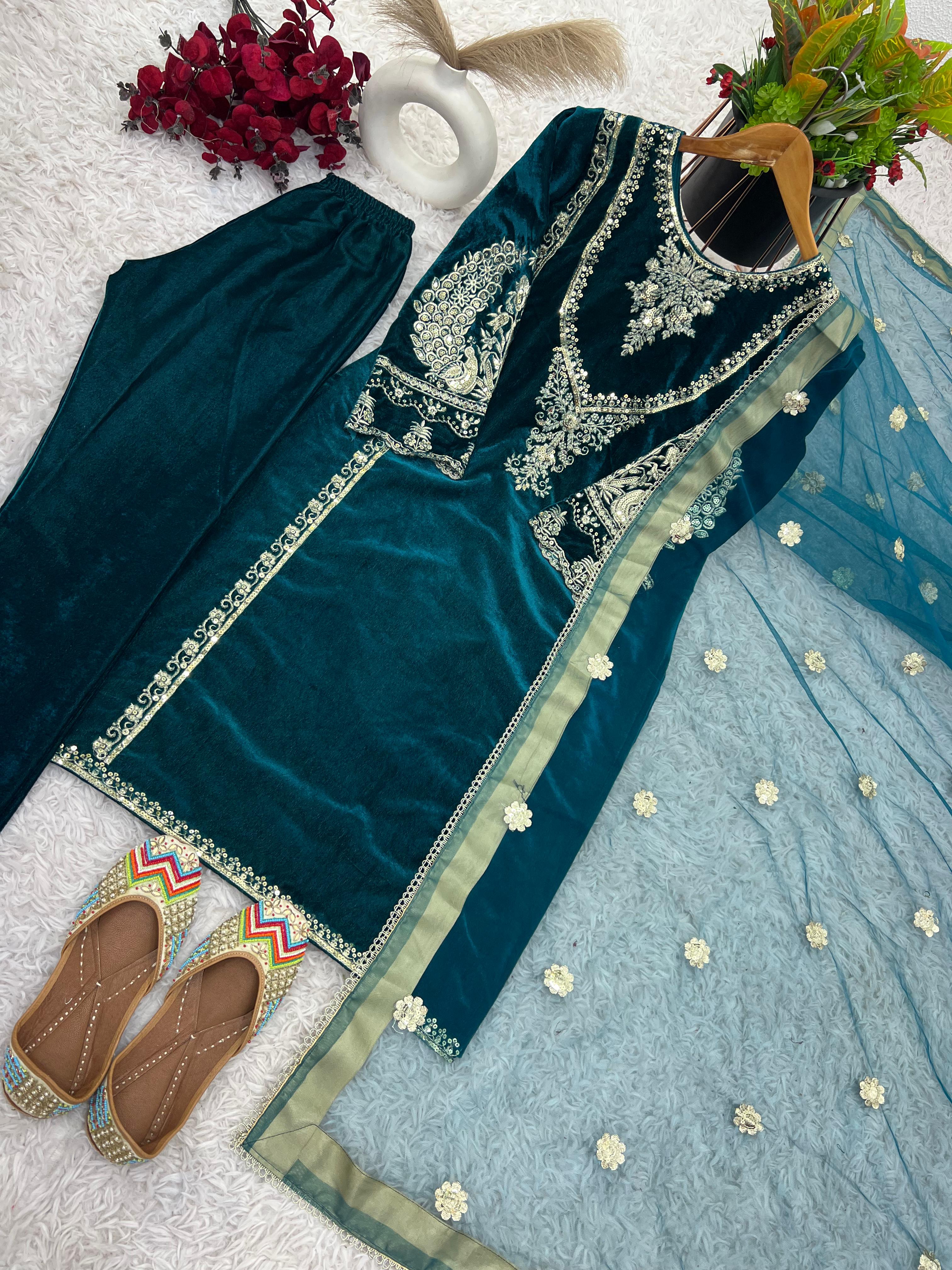 Stunning Teal Green Color Heavy Viscose Velvet With Heavy Embroidery Sequence Work Velvet Suit