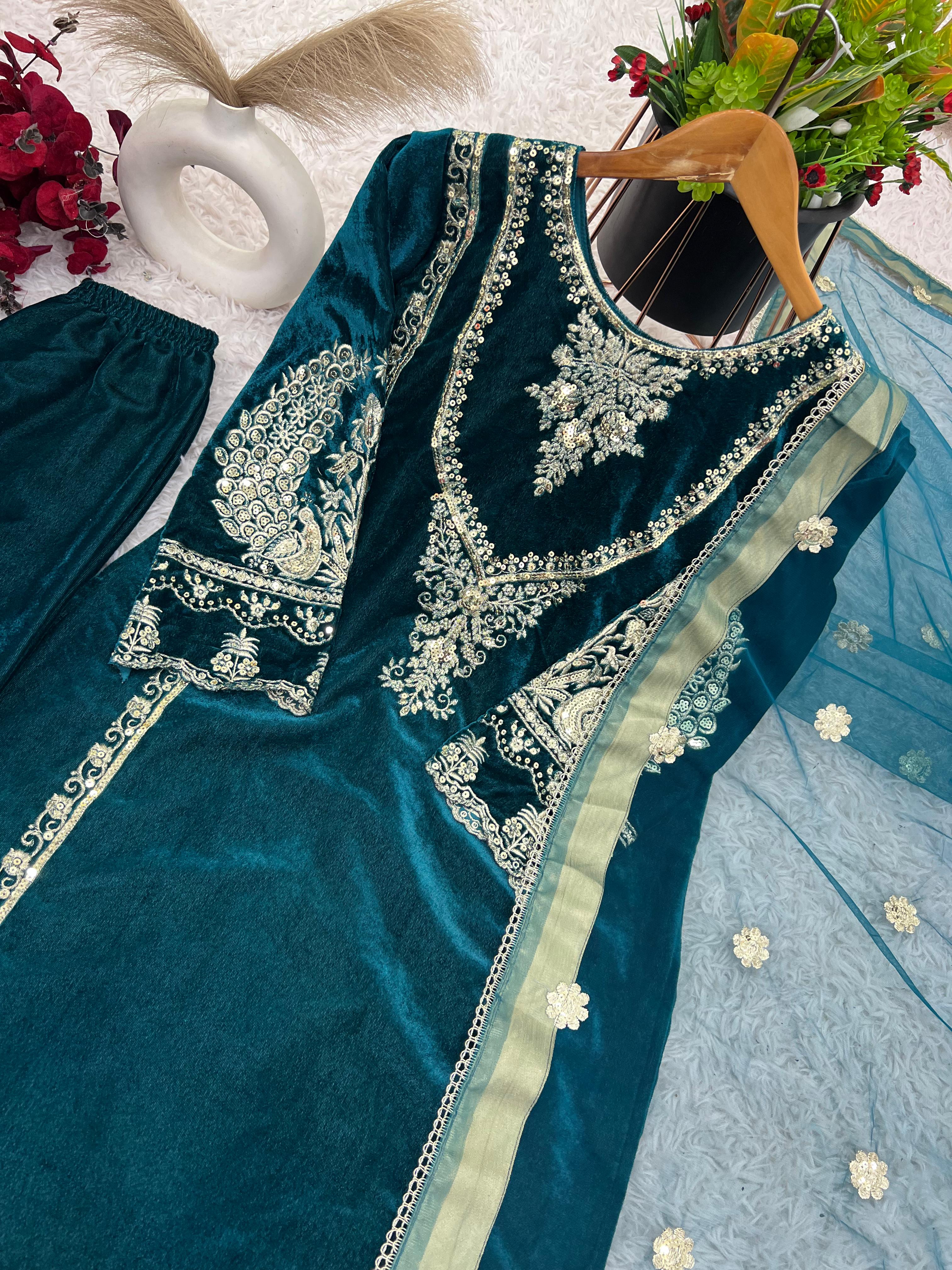 Stunning Teal Green Color Heavy Viscose Velvet With Heavy Embroidery Sequence Work Velvet Suit