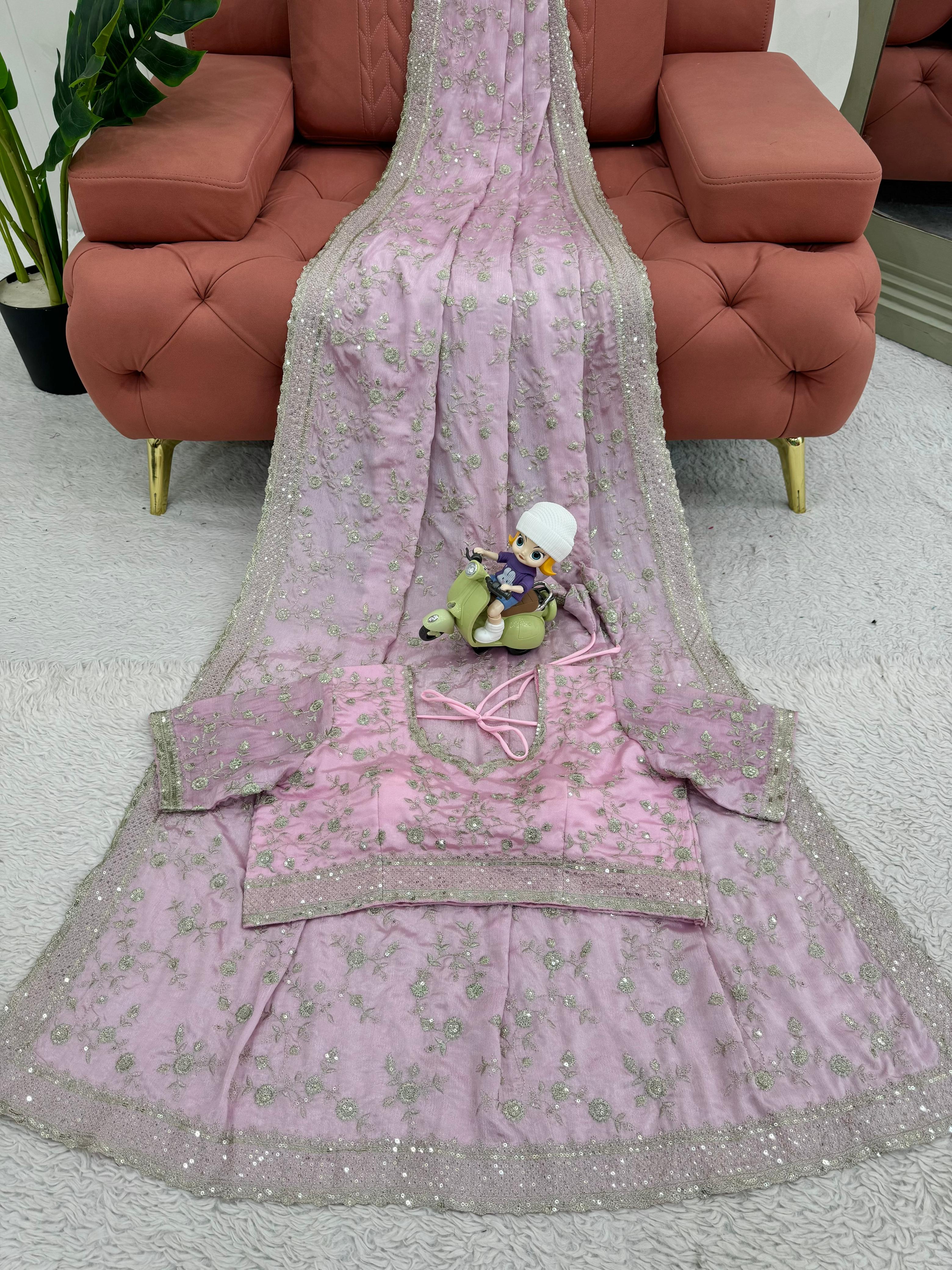 Marriage Wear Light Pink Color Heavy Chinon Silk Thread And Sequence Work Designer Saree