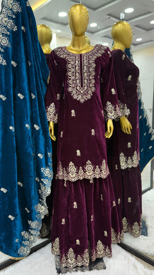 Glorious Wine Color Heavy Viscose Velvet With Heavy Embroidery Sequence Work Sharara Suit