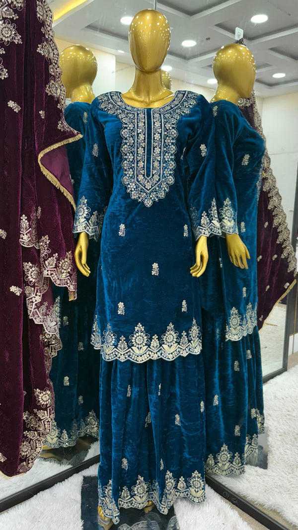 Glorious Navy Blue Color Heavy Viscose Velvet With Heavy Embroidery Sequence Work Sharara Suit