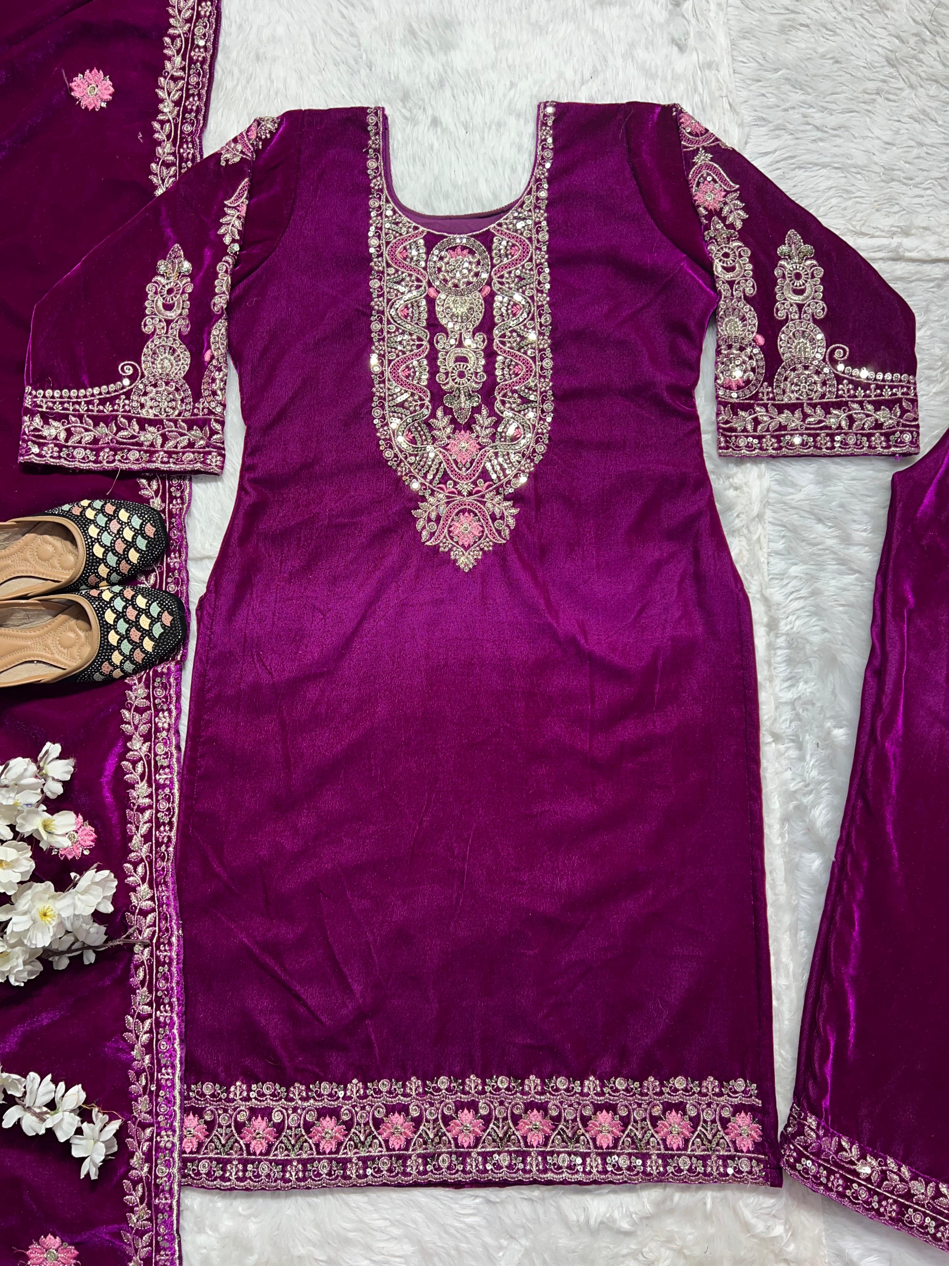 Function Wear Purple Color Pure Heavy Viscous Velvet With Heavy Embroidery Multi Needle Sequence Work Anarkali Suit