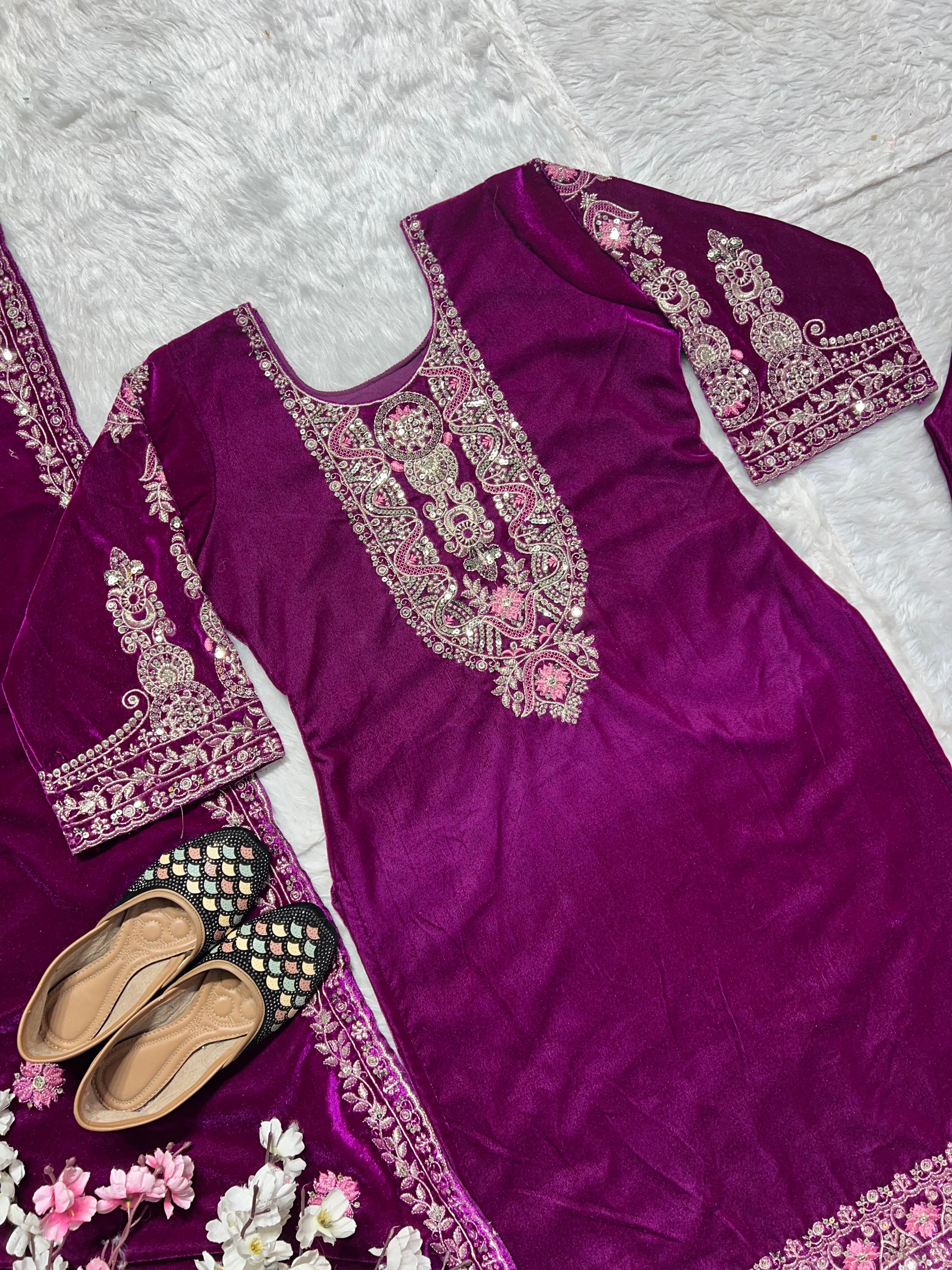 Function Wear Purple Color Pure Heavy Viscous Velvet With Heavy Embroidery Multi Needle Sequence Work Anarkali Suit