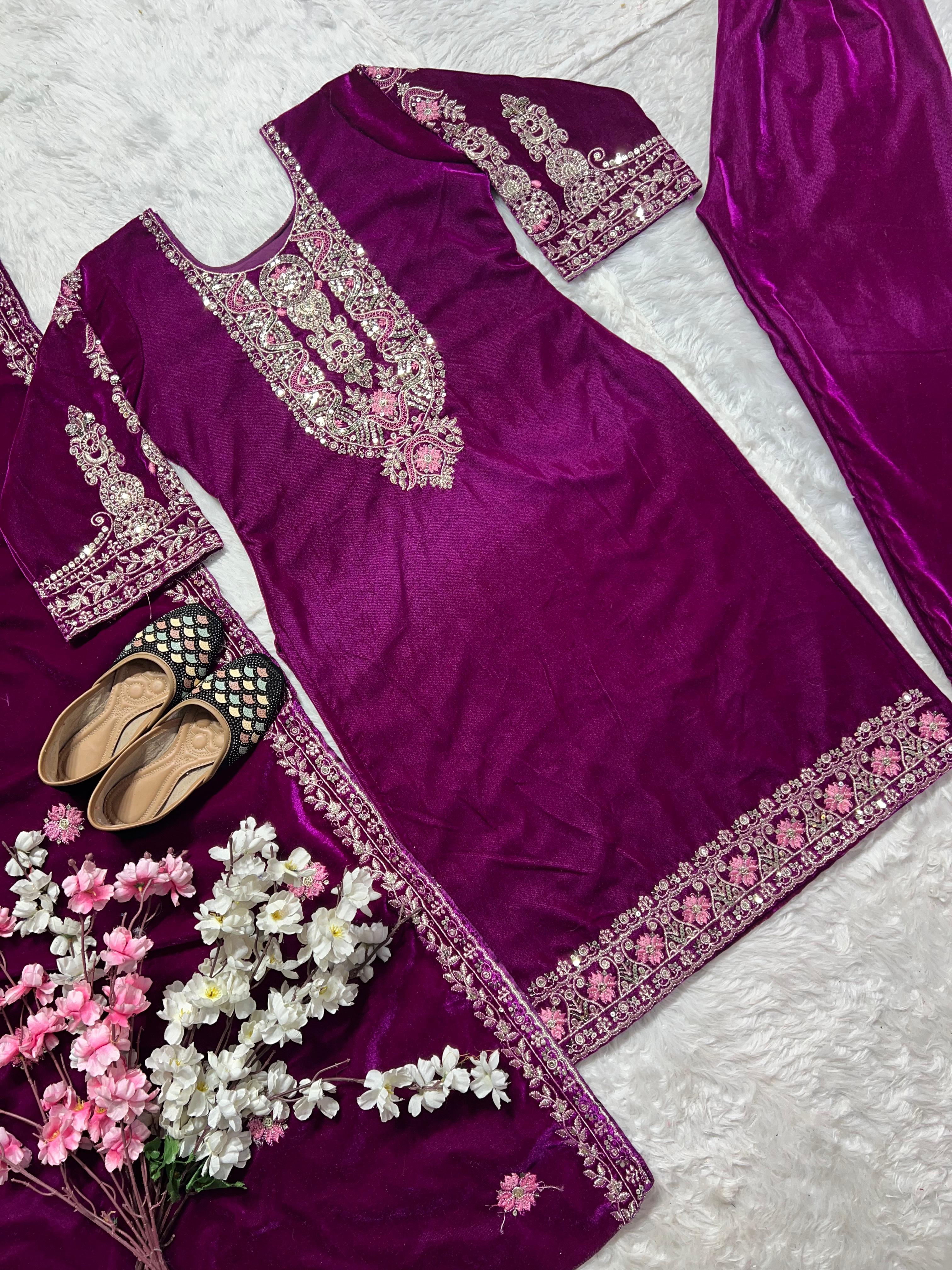 Function Wear Purple Color Pure Heavy Viscous Velvet With Heavy Embroidery Multi Needle Sequence Work Anarkali Suit