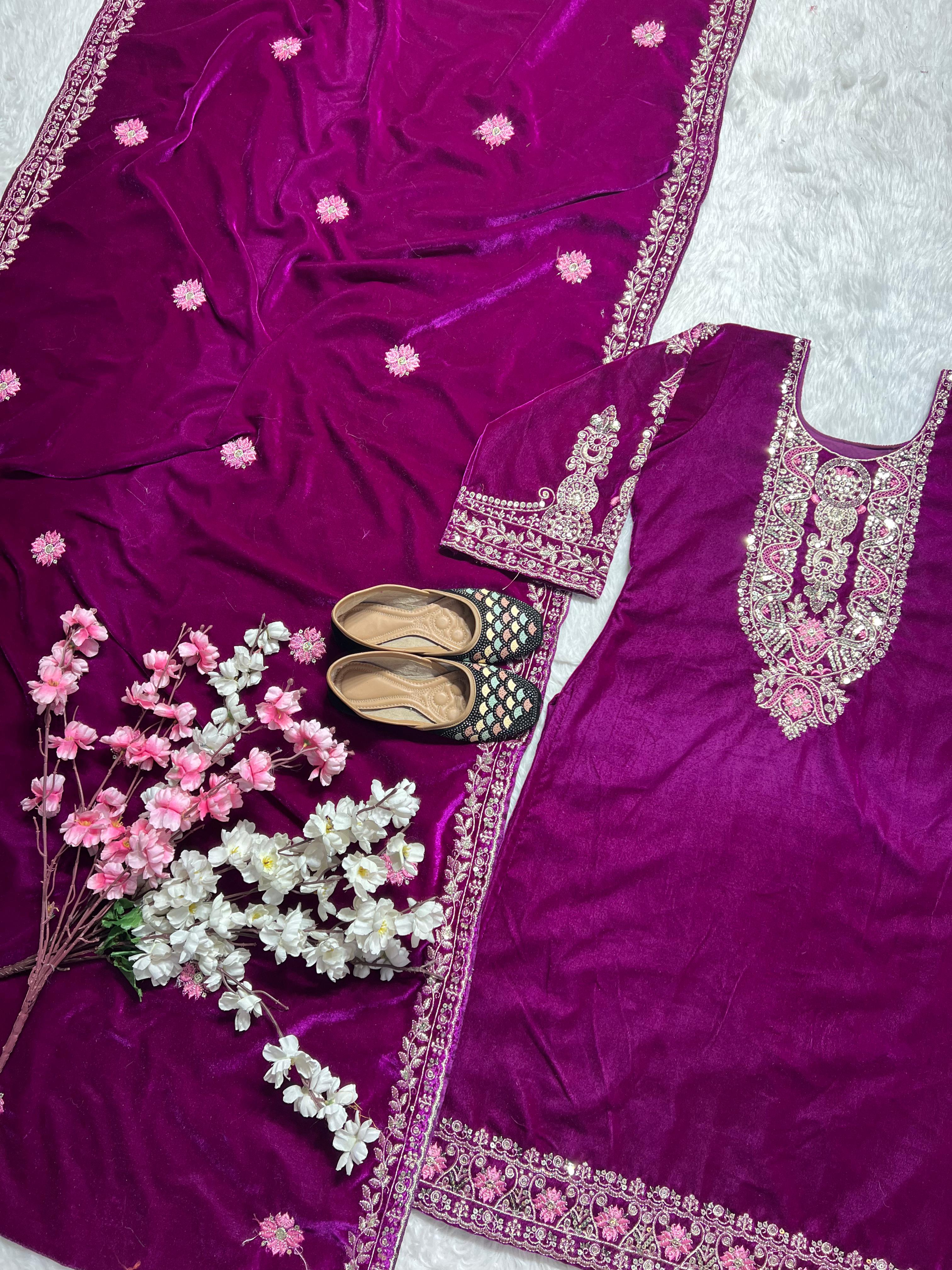 Function Wear Purple Color Pure Heavy Viscous Velvet With Heavy Embroidery Multi Needle Sequence Work Anarkali Suit