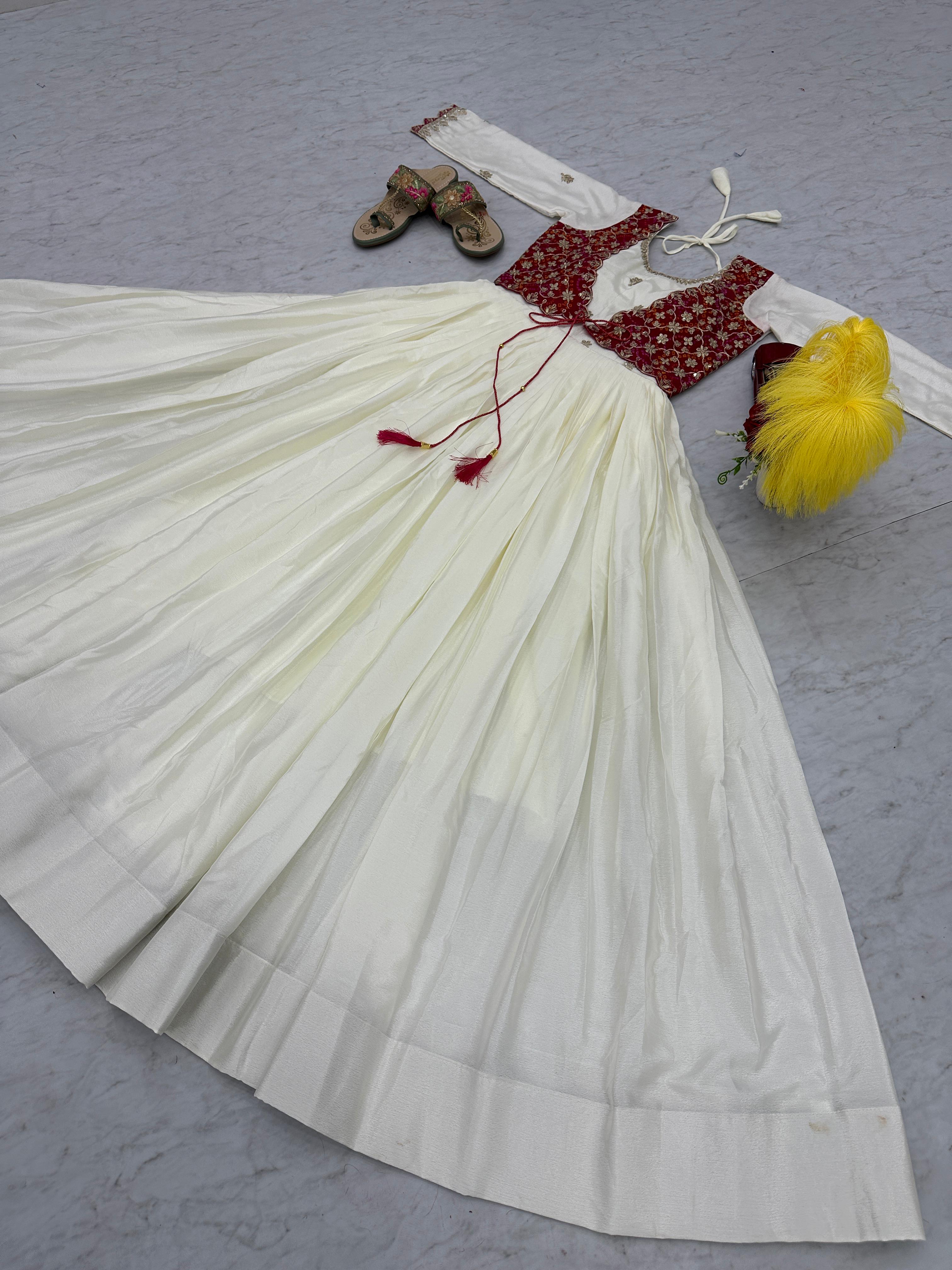 Innovative White Color Chinon With Bandhej And Sequence Work Designer Gown