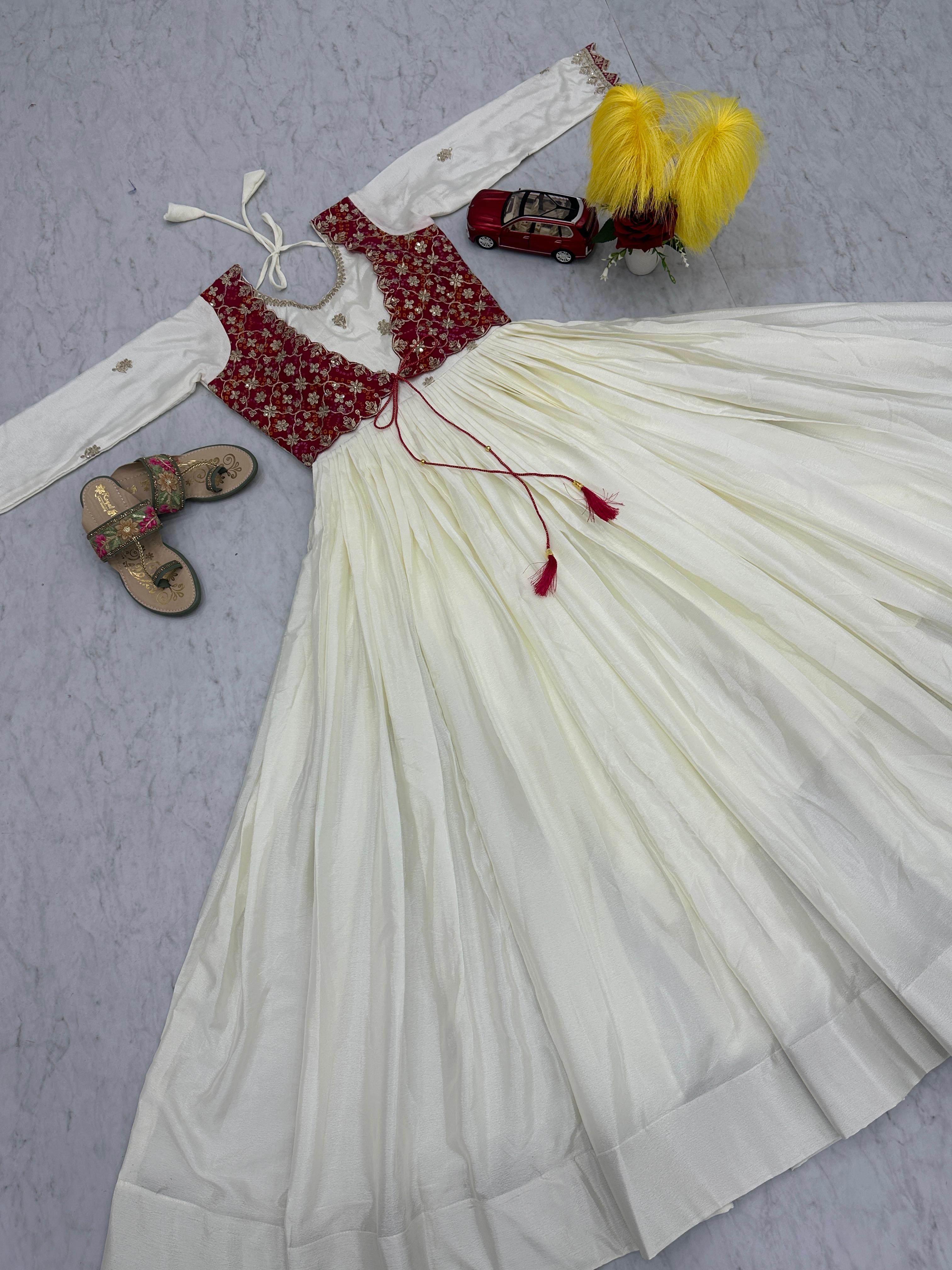 Innovative White Color Chinon With Bandhej And Sequence Work Designer Gown