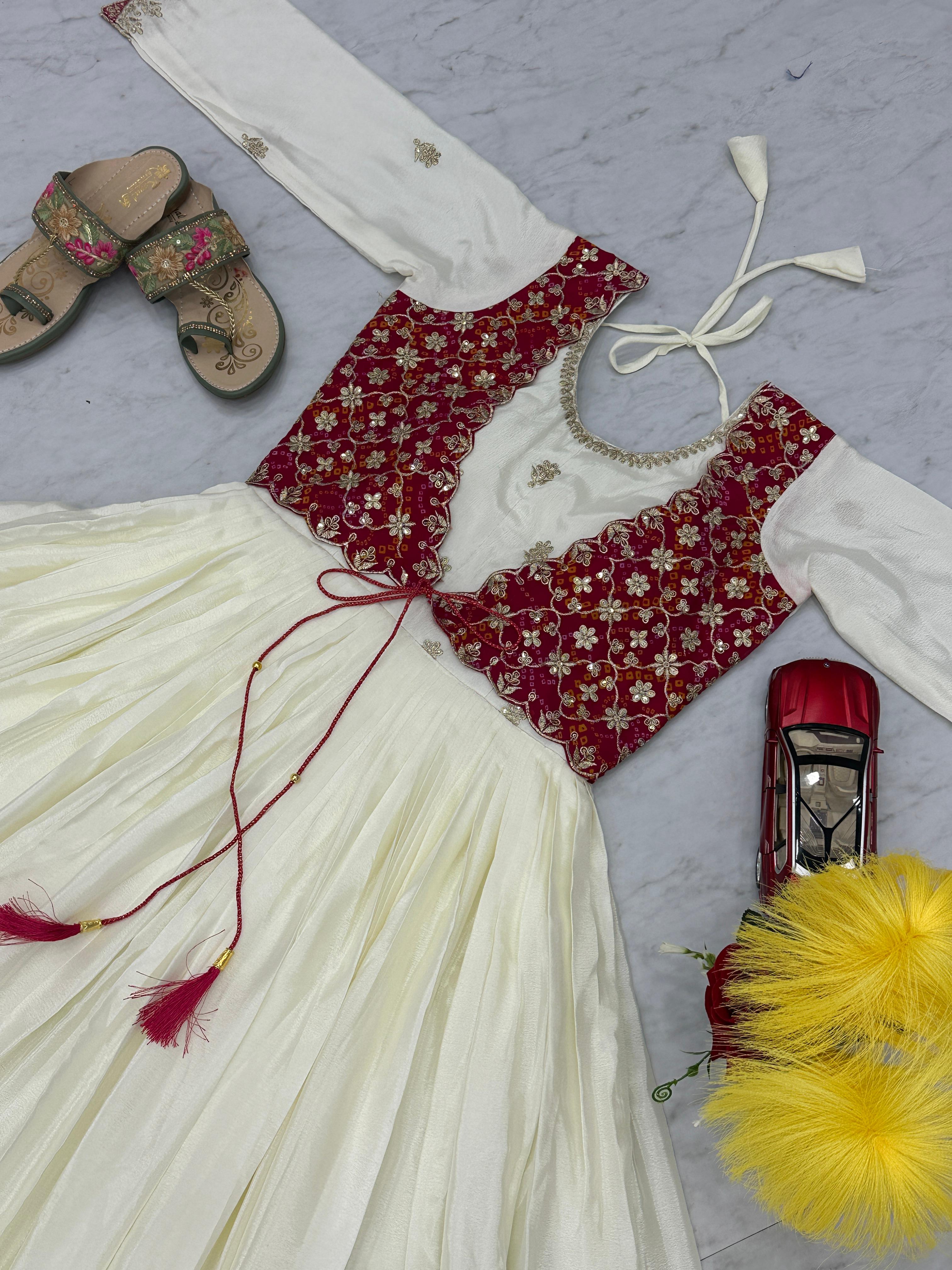 Innovative White Color Chinon With Bandhej And Sequence Work Designer Gown