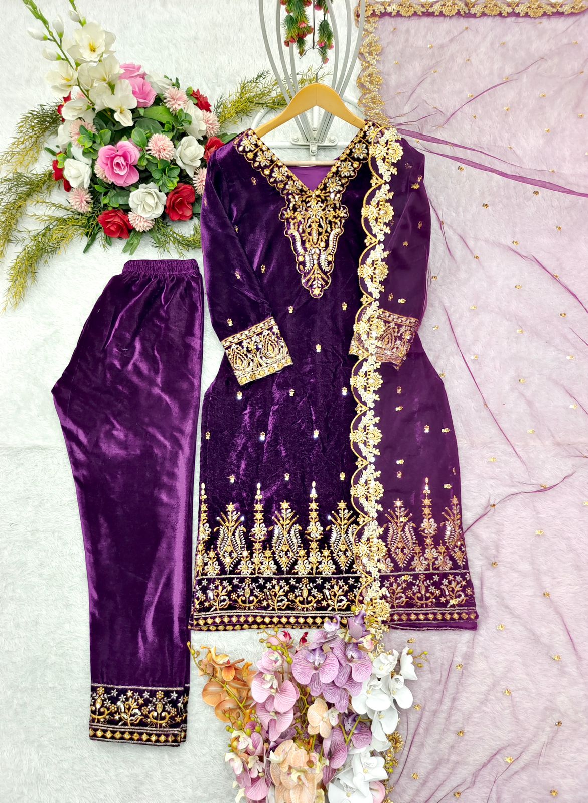 Wedding Wear Purple Color Pure 9000 Viscous Velvet With Heavy Embroidery 5mm Sequence Work Designer Velvet Suit