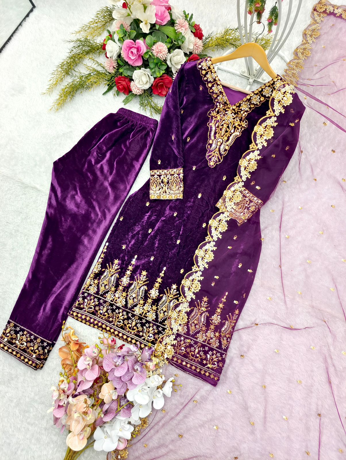 Wedding Wear Purple Color Pure 9000 Viscous Velvet With Heavy Embroidery 5mm Sequence Work Designer Velvet Suit