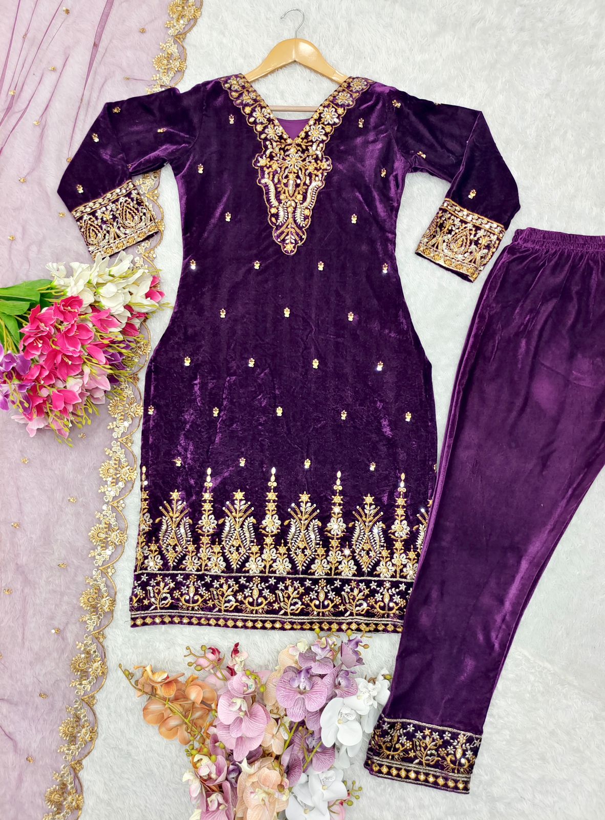 Wedding Wear Purple Color Pure 9000 Viscous Velvet With Heavy Embroidery 5mm Sequence Work Designer Velvet Suit