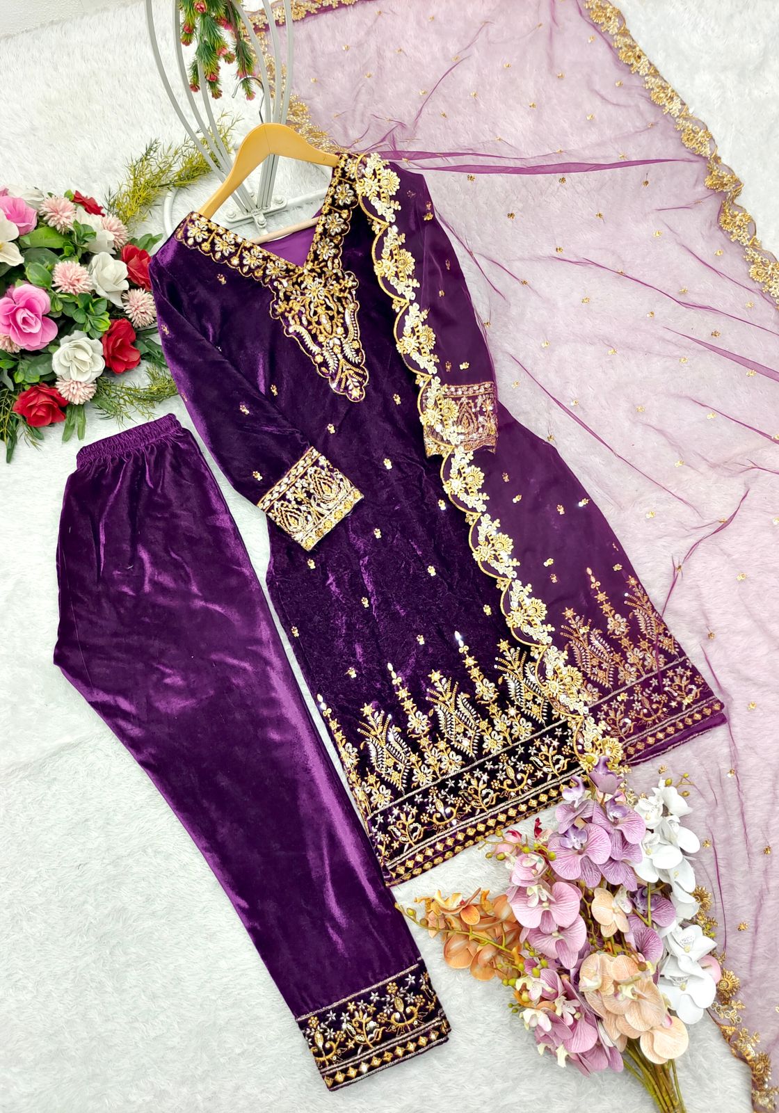 Wedding Wear Purple Color Pure 9000 Viscous Velvet With Heavy Embroidery 5mm Sequence Work Designer Velvet Suit