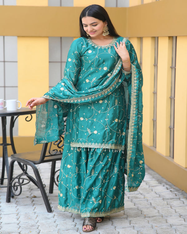 Demanding Aqua Green Color Chinon With Sequence Embroidery Work Designer Sharara Suit