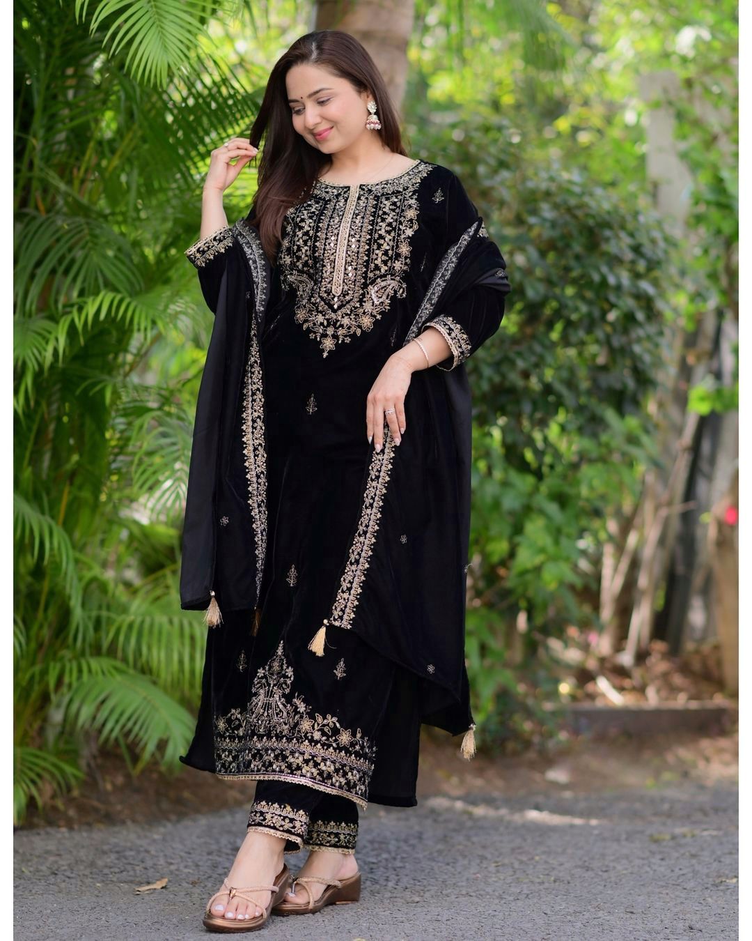 Party Wear Navy Blue Color Heavy Viscose Velvet With Heavy Embroidery Sequence Work Beautiful Velvet Suit