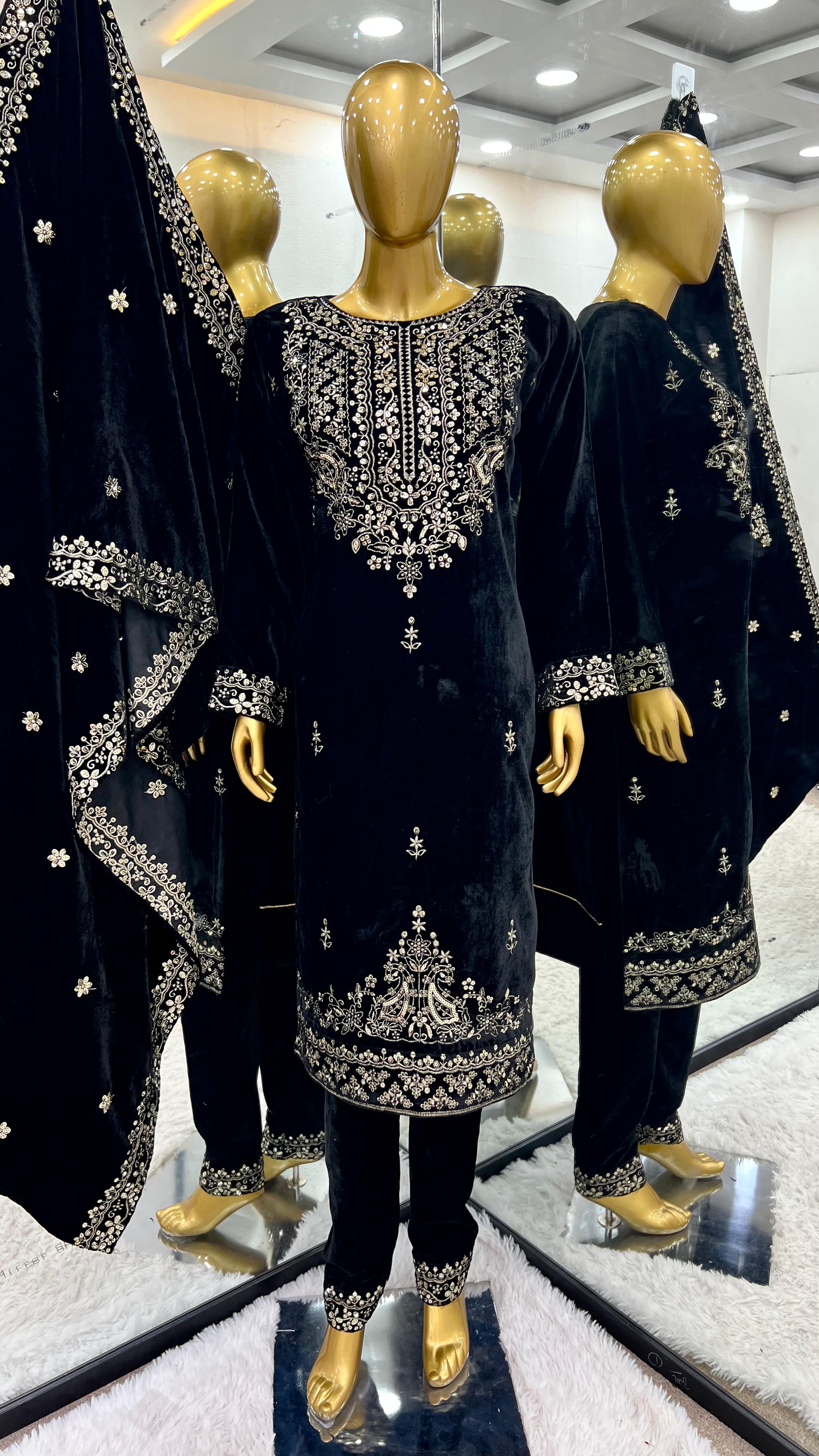 Party Wear Navy Blue Color Heavy Viscose Velvet With Heavy Embroidery Sequence Work Beautiful Velvet Suit